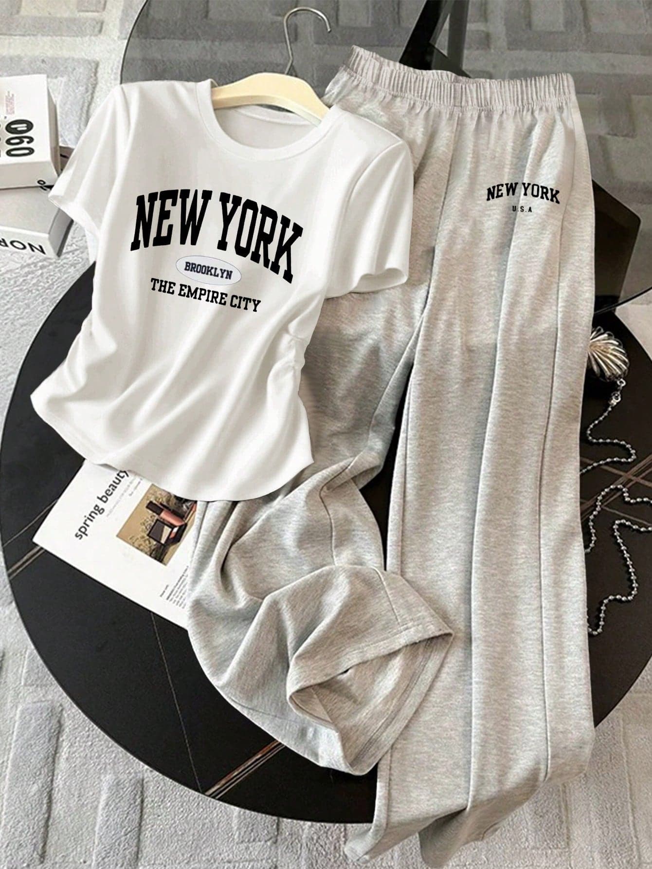Resyla Women's Round Neck Short Sleeve Ruched New York Casual Summer 2 Pieces Set