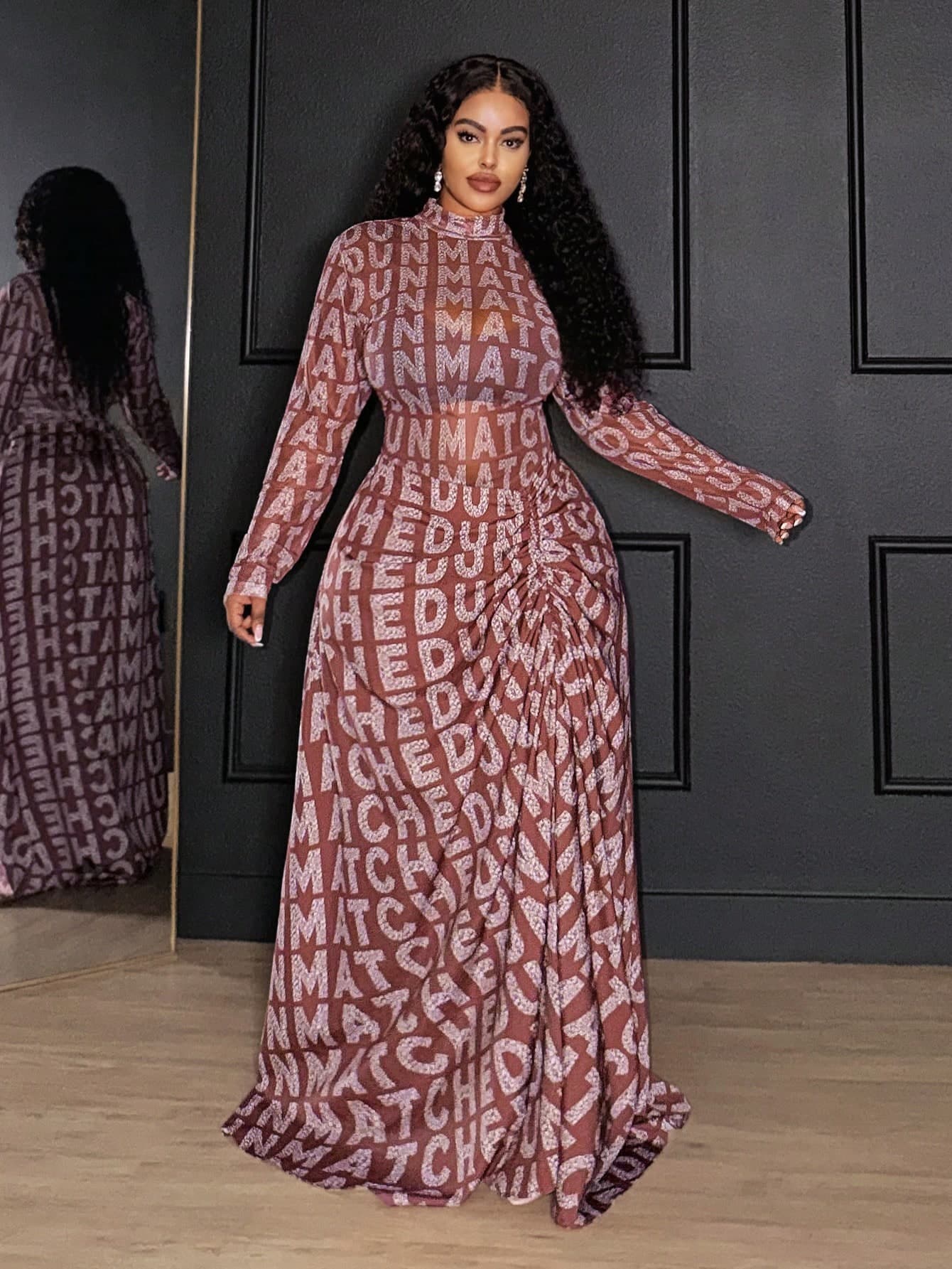 Slaydiva Autumn Girlism Night Out Club Long Sleeve Tight Mesh Print Bodysuit And Matching Pleated Skirt Set,Brown Silver White Letter Print Elegant Party Wear