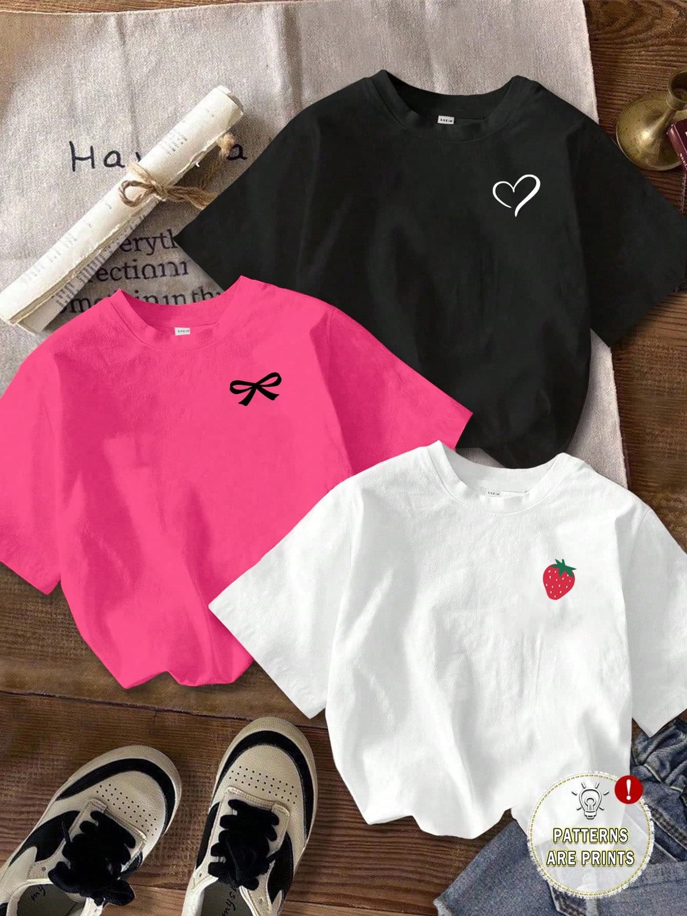 Attitoon 3pcs/Set Casual Minimalist Heart, Bow, Strawberry Graphic Round Neck Short Sleeve Cropped Women T-Shirts Carnival