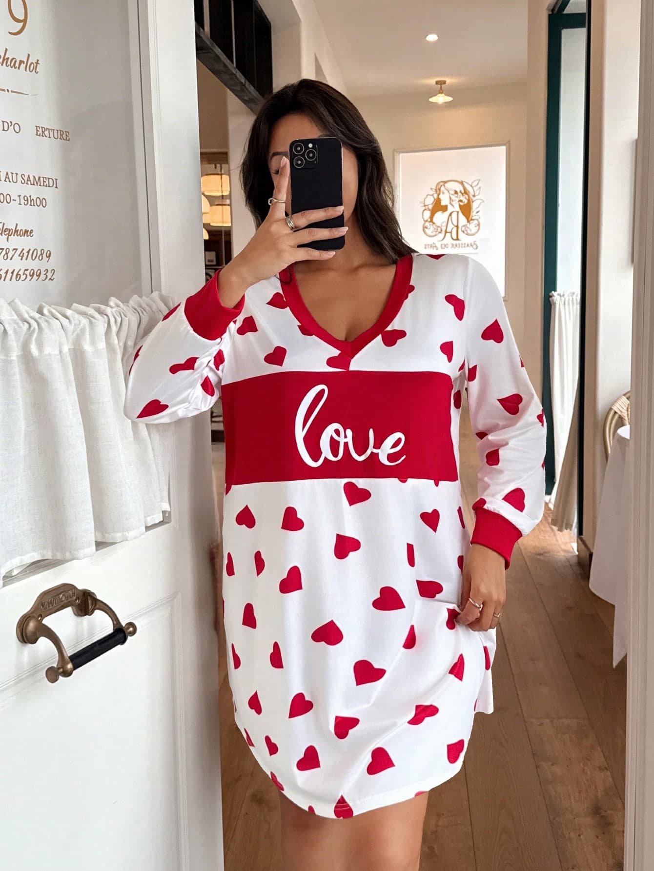 Dream Adore Valentine's Day Heart Print Color Block V-Neck Casual Nightgown