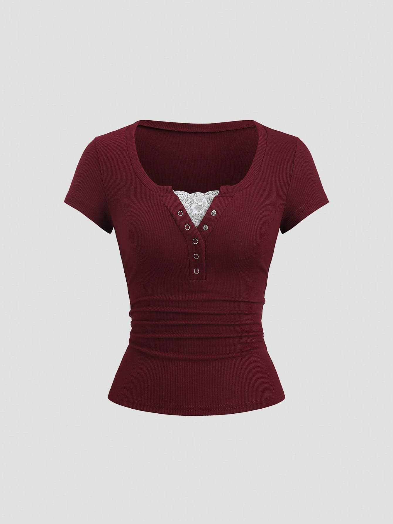 Sweetra Streetwear Women's Half-Open Cuff Eyelet Lace Trim Solid Color Short Sleeve T-Shirt