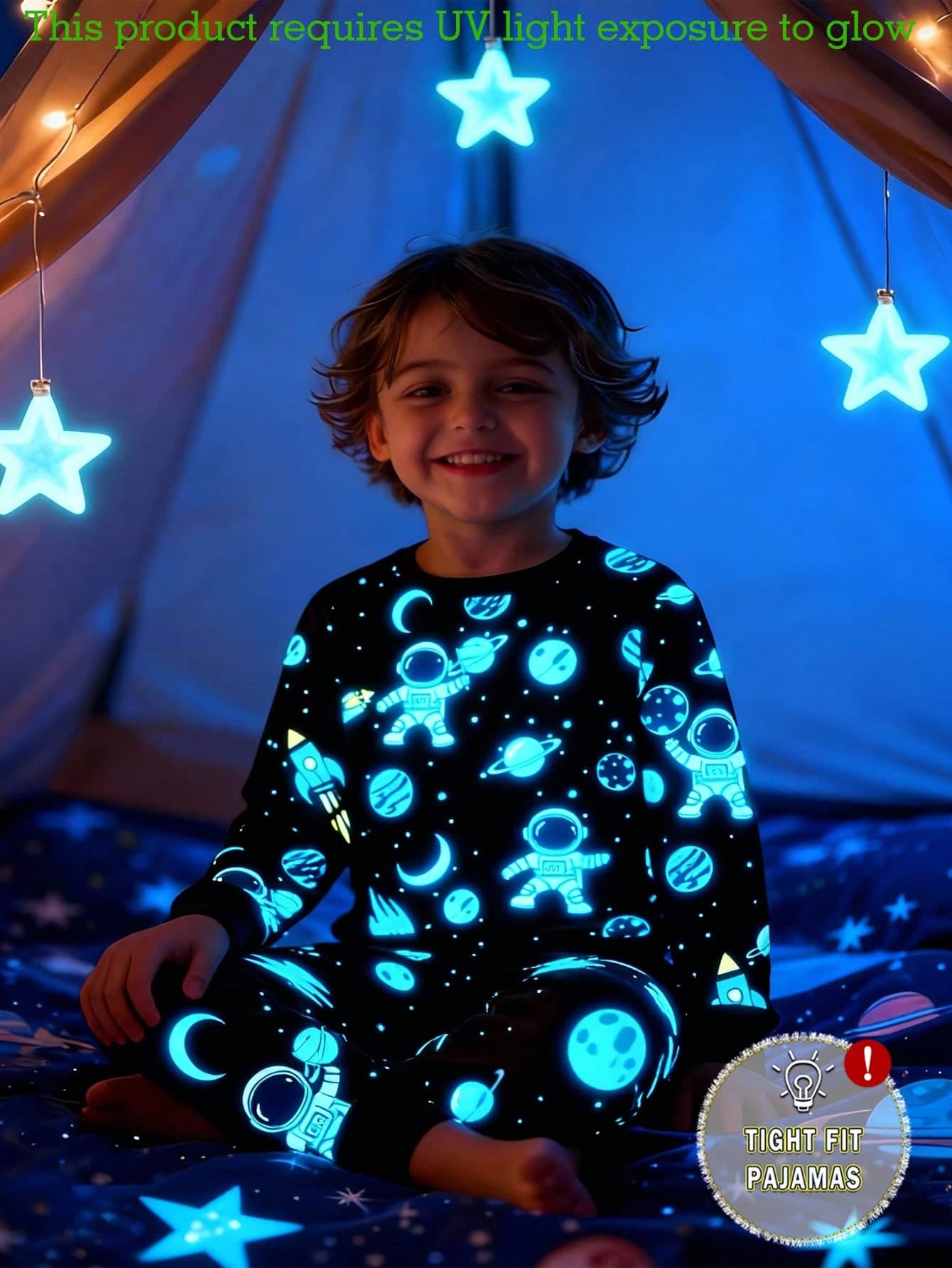 1 Set Boys Glow-In-The-Dark Astronaut & Planet Print Snug Fit Long Sleeve Pajama Set, Comfortable Sleepwear For Spring, Autumn, All Seasons Snug Fit