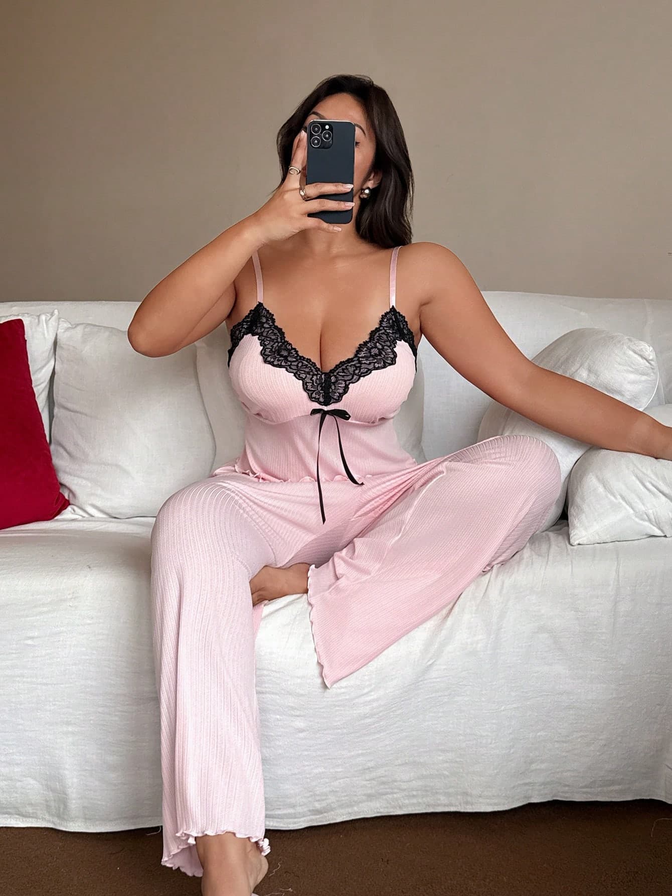 Napfluff CURVE Napfluff CURVE Plus Size Lace Patchwork Camisole & Wide Leg Pants Loungewear Set Lingerie Cute