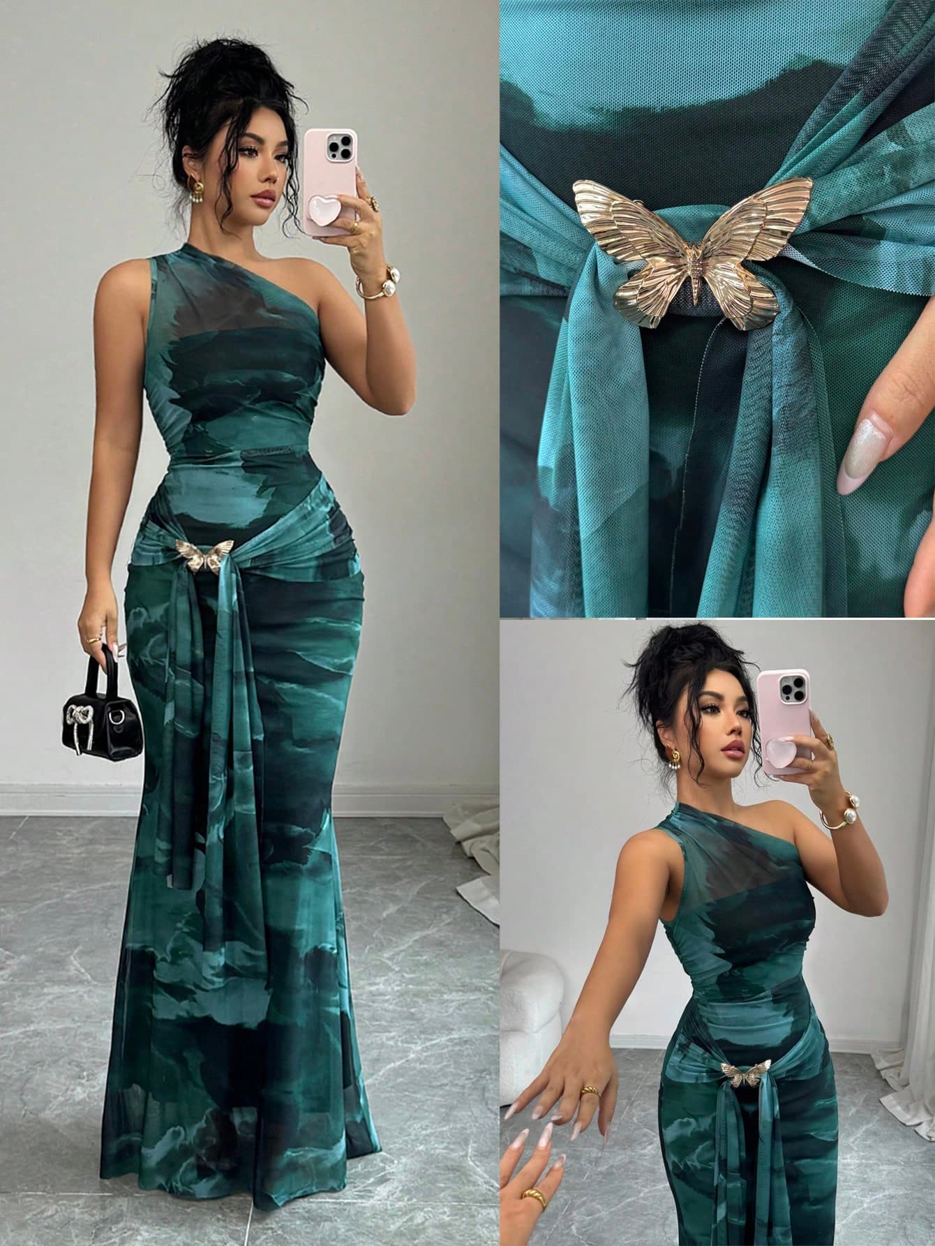 Elenzga Elenzya Women's Elegant Dark Green Summer Party Night Dress,Mesh Floral Print Sleeveless Bodycon Mermaid Dress With Metallic Butterfly Decor&Scarf