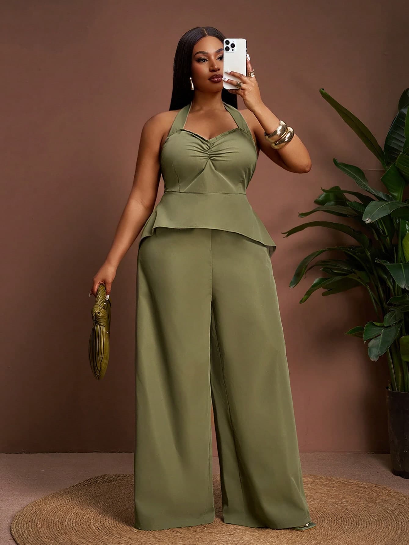 Slaydiva Women's Elegant Olive Green Summer Two Piece Pants Set,Curve Cocktail Jumpsuit Outfit,Sleeveless Boho Wedding Guest,Vacation Beach Party & Holiday