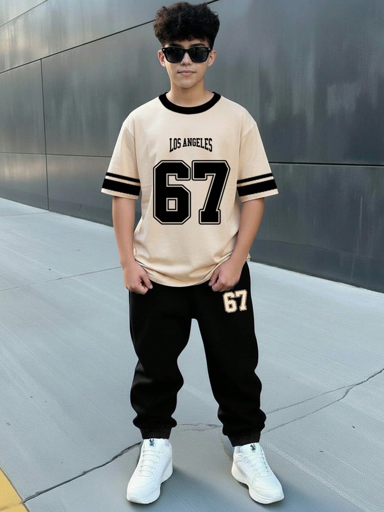 Teen Boy Black Summer Streetwear Graduation Back-To-School Y2K Style English Letter & Number 67 Sports Vintage Colorblock T-Shirt & Pants Set