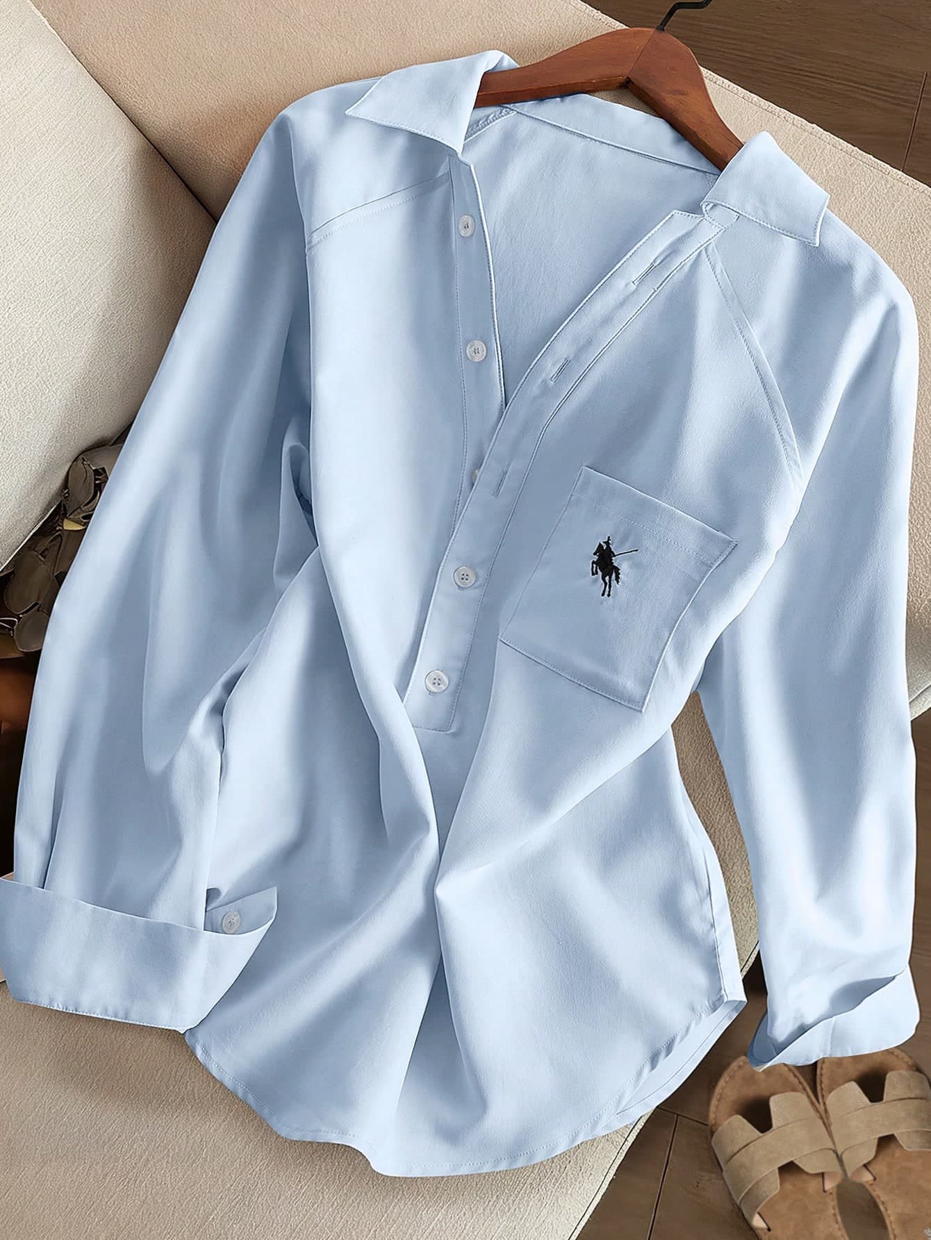 Resyla Women's Solid Color Casual Loose Fit V-Neck Long Sleeve Shirt With Embroidered Knight Design