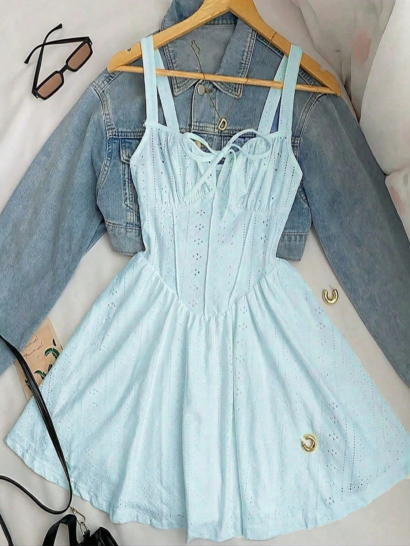 INAWLY Women's French Chic Cinched Waist Bow Hollow Out Sweet A-Line Camisole Mini Dress, Summer