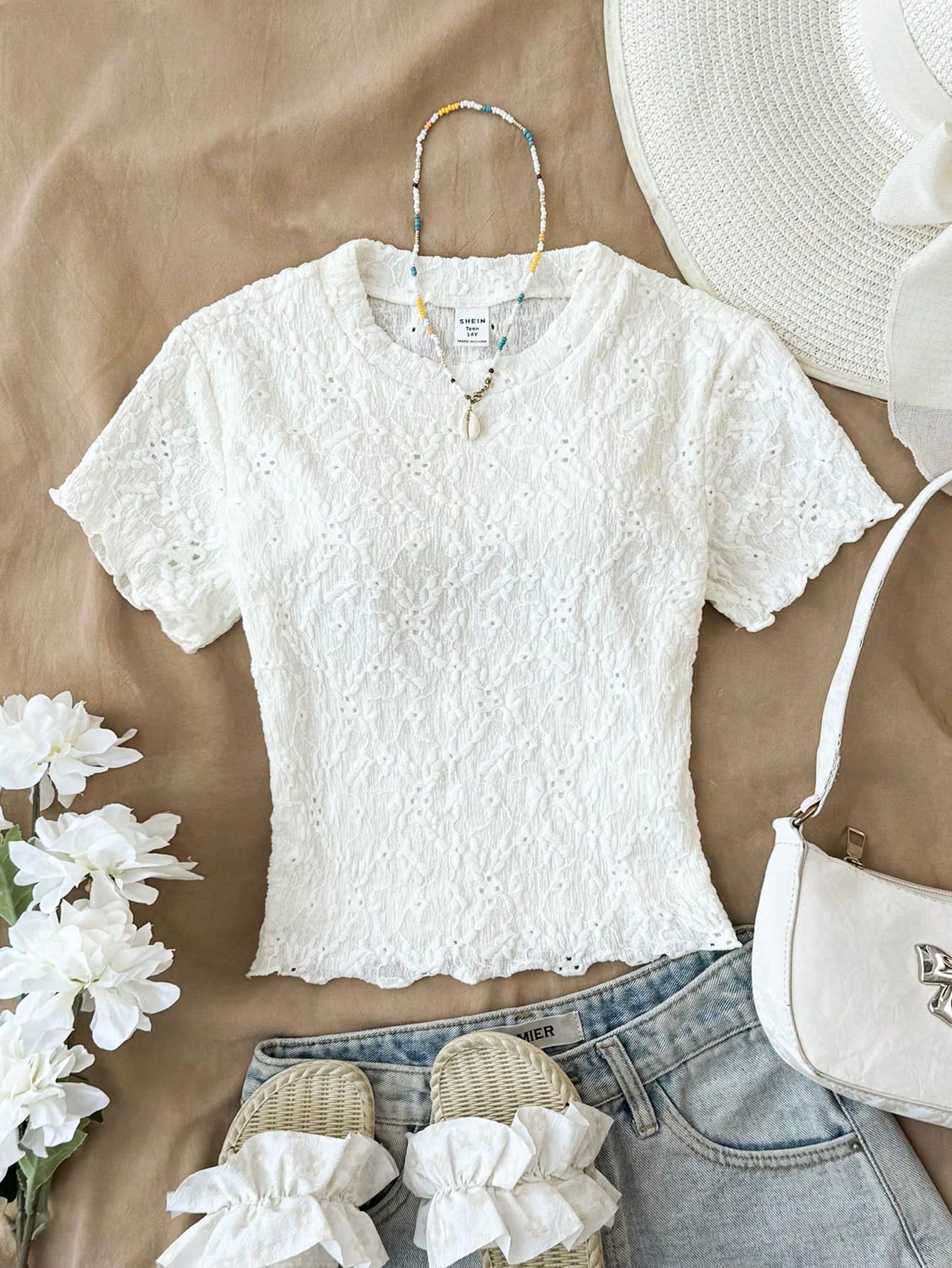 SHEIN Teen Girls' White Summer Cute Vacation Holiday Jacquard Knit Crew Neck Short Sleeve T-Shirt,Casual Sheer Lace Cropped Top For Tweens Kids,Holiday