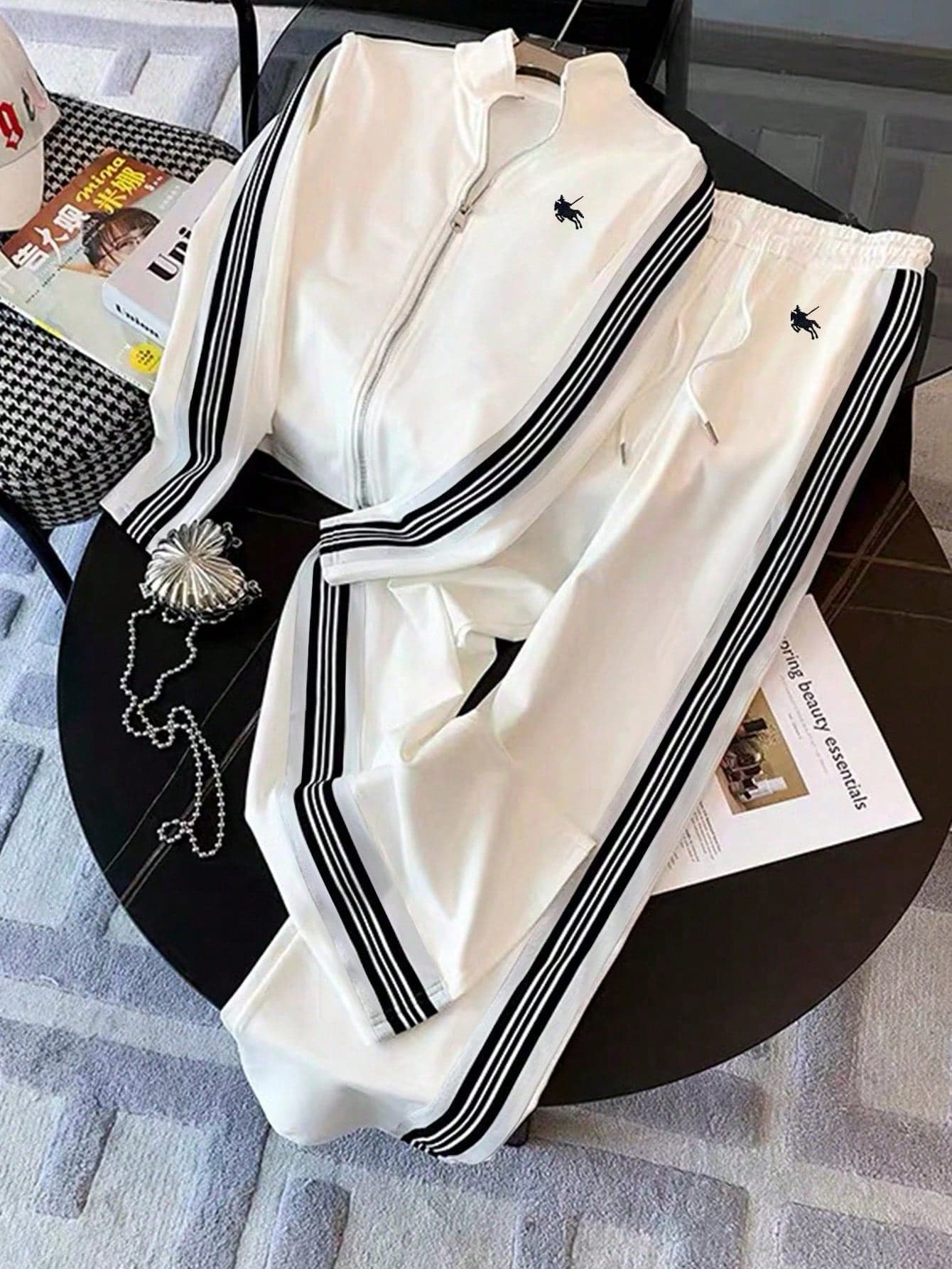 Franclia Fitted Stand Collar Cardigan + Casual Slant Pocket Pants