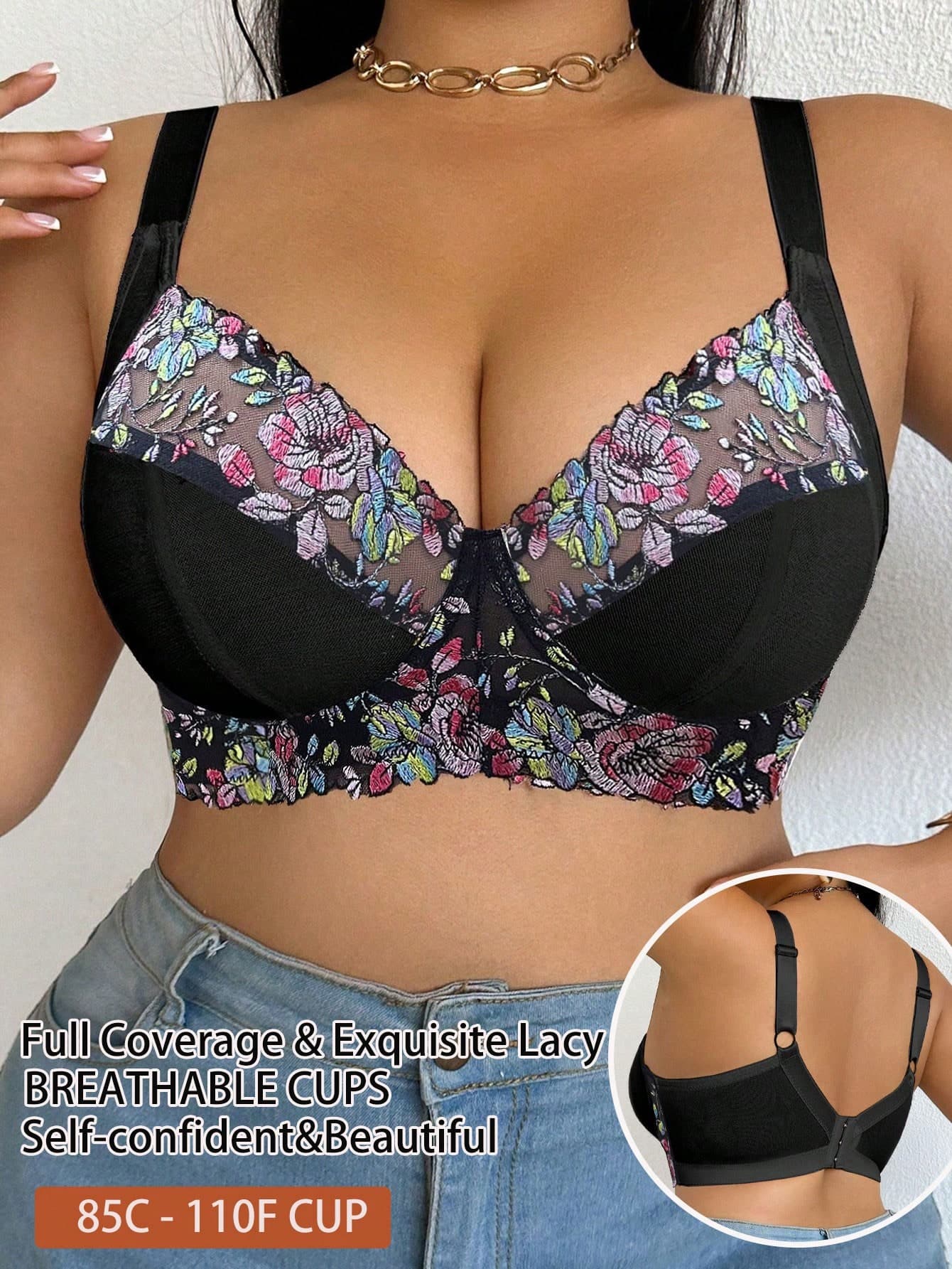 DesireSculpt Plus Size Elegant Sexy Embroidered Underwire Bra