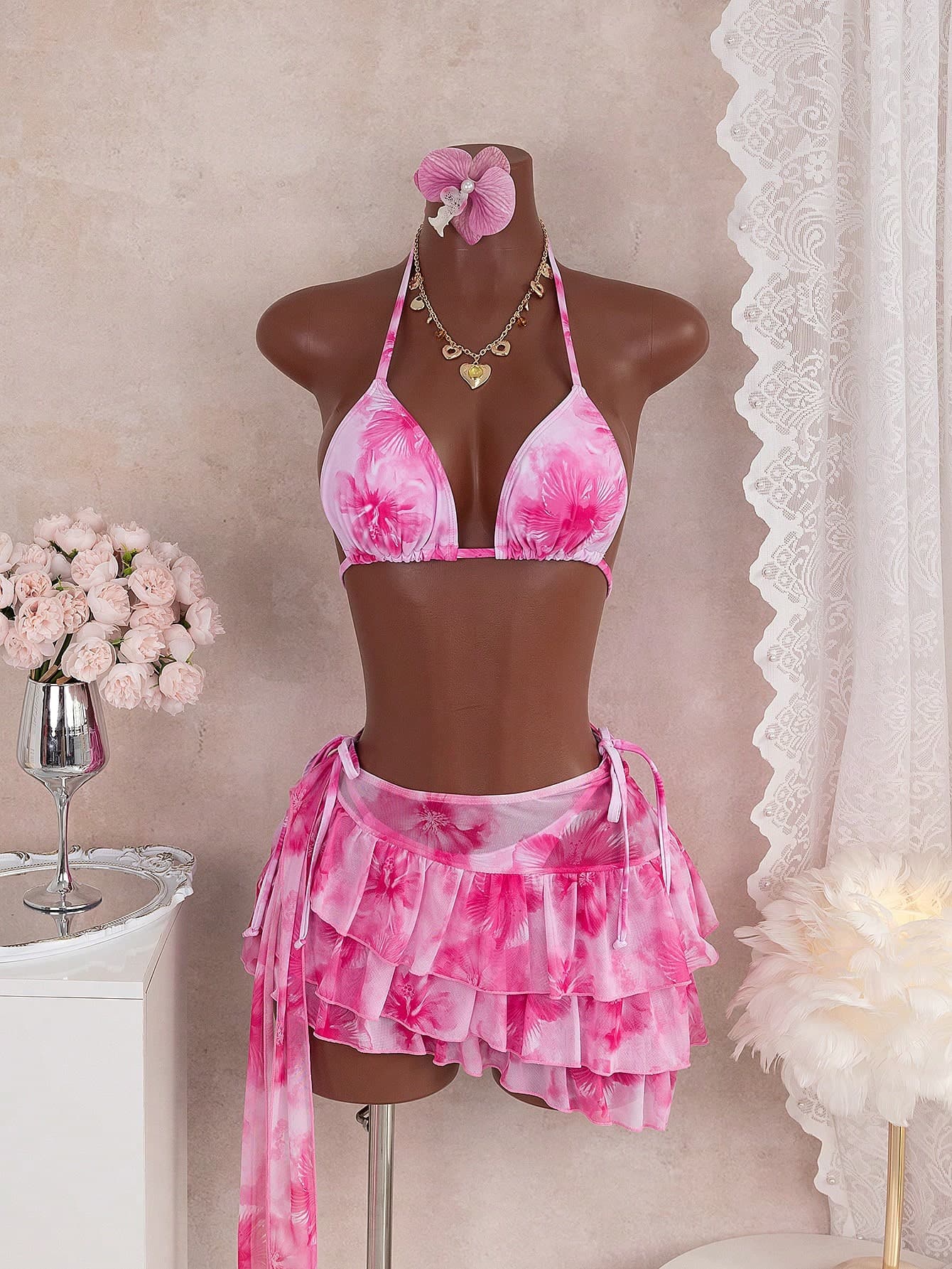 Bellisia 3pcs Watercolor Floral Print Halter Bikini Top, Tie Side Bikini Bottom, And Sarong Skirt Swimwear Set, Summer Vacation
