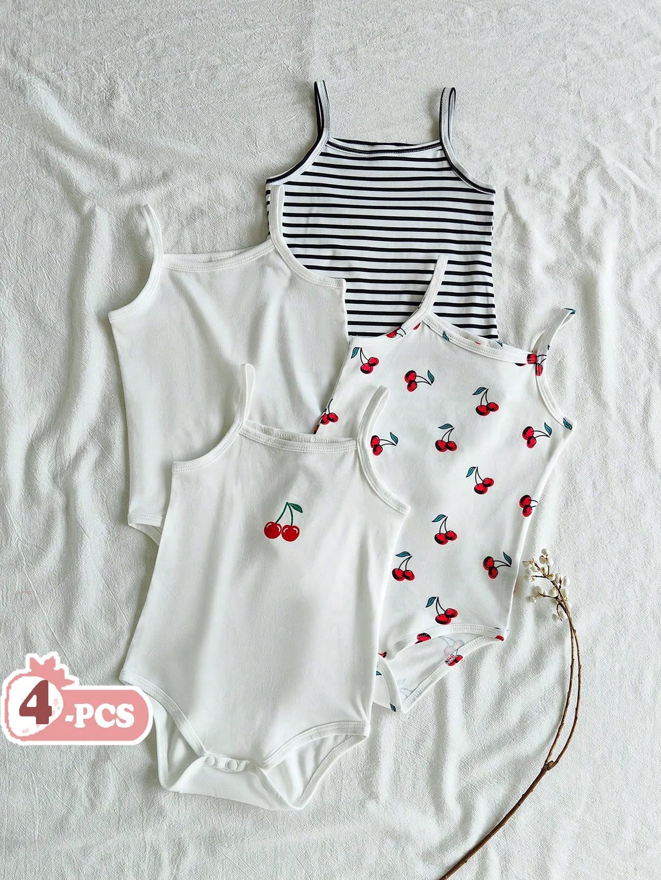 Vintaside Kids 4pcs Baby Girls Ditsy Floral Bodysuit Suits, Fashionable Cute Countryside Style Bodysuit, Spring/Summer