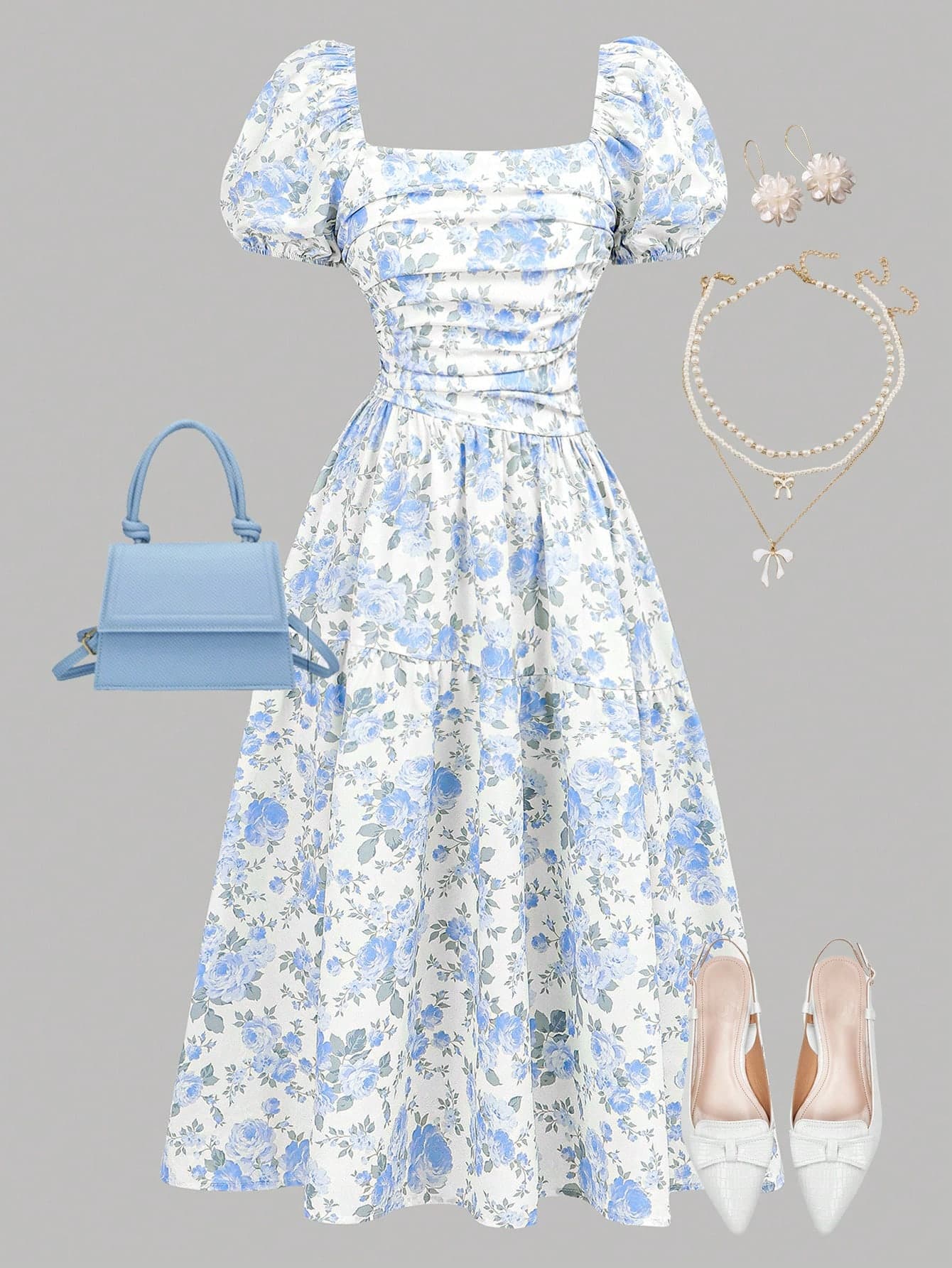 Girlism Teen Girls Blue Ditsy Floral Midi Dress,White,Summer,Elegant,Matching,Bachelorette Party,Family Vacation,Holiday,Asymmetrical Hem Slip Bridesmaid