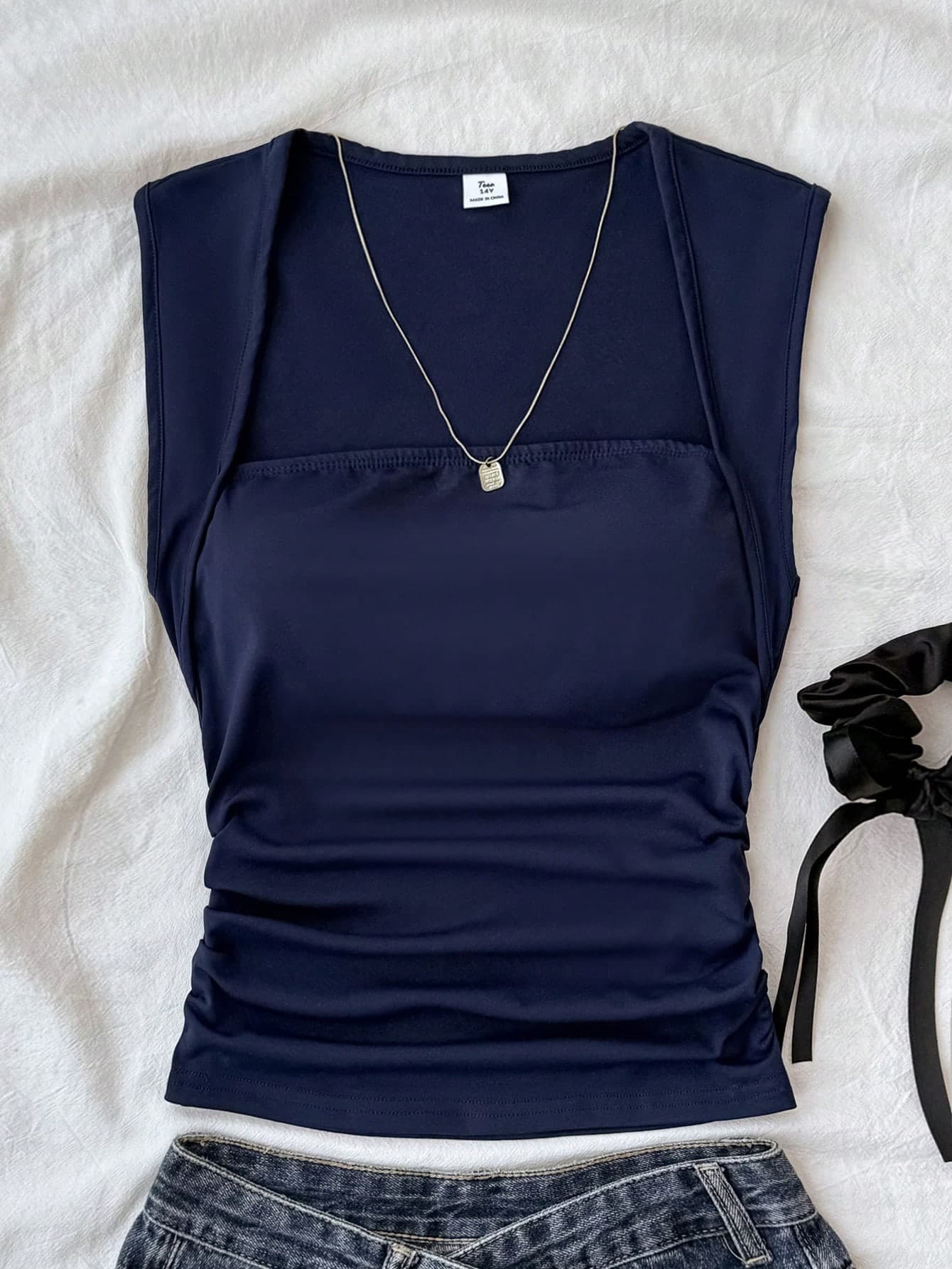 SHEIN Teen Girls T-Shirts Summer Solid Ruched Side Tank Top