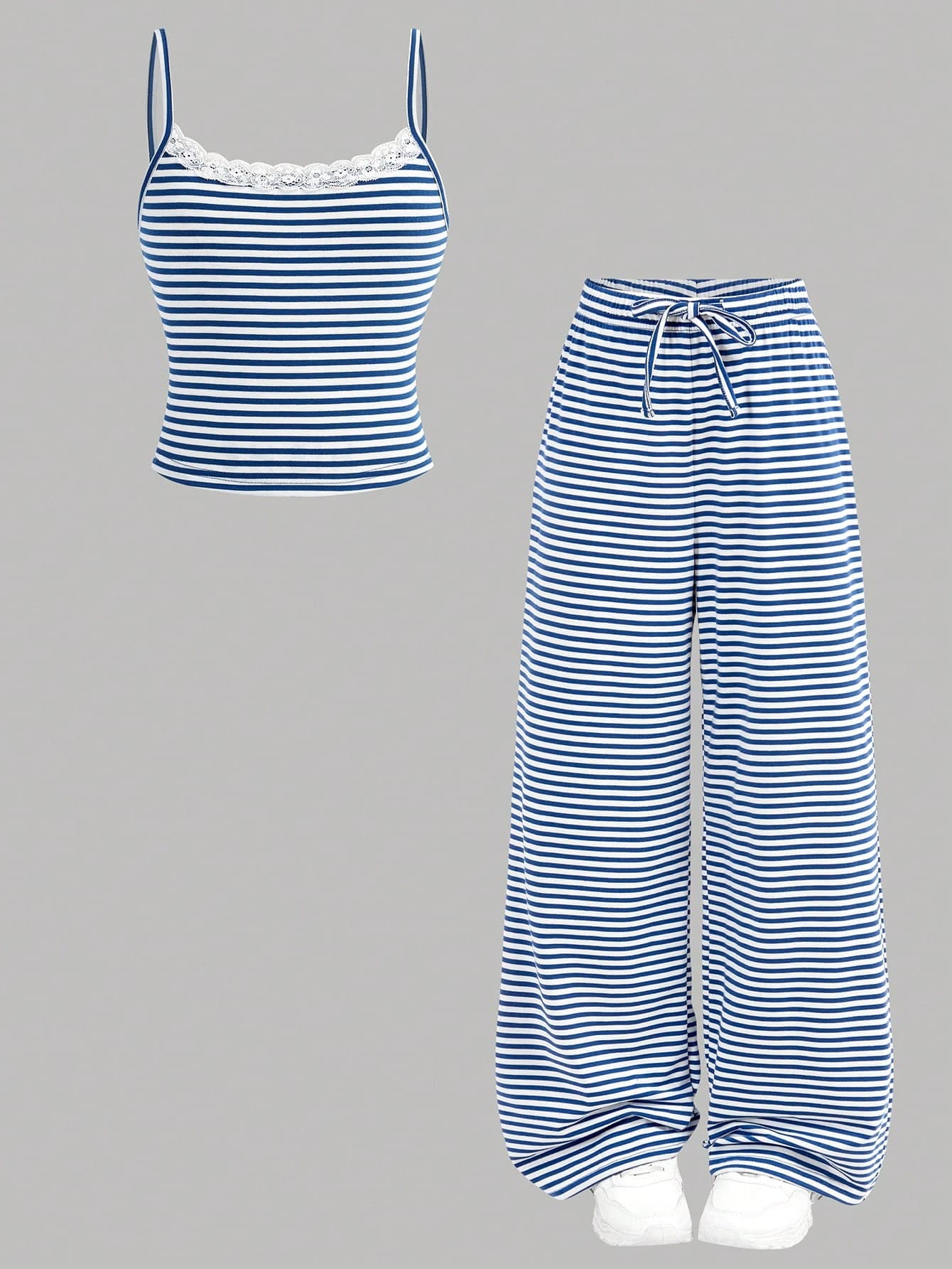 SHEIN Girlism Tween Girls' Casual Blue And White Stripe Lace Trim Camisole Top And Straight Leg Wide Pants 2 Pieces Knit Outfit,Stretchy Tracksuit Set For Summer
