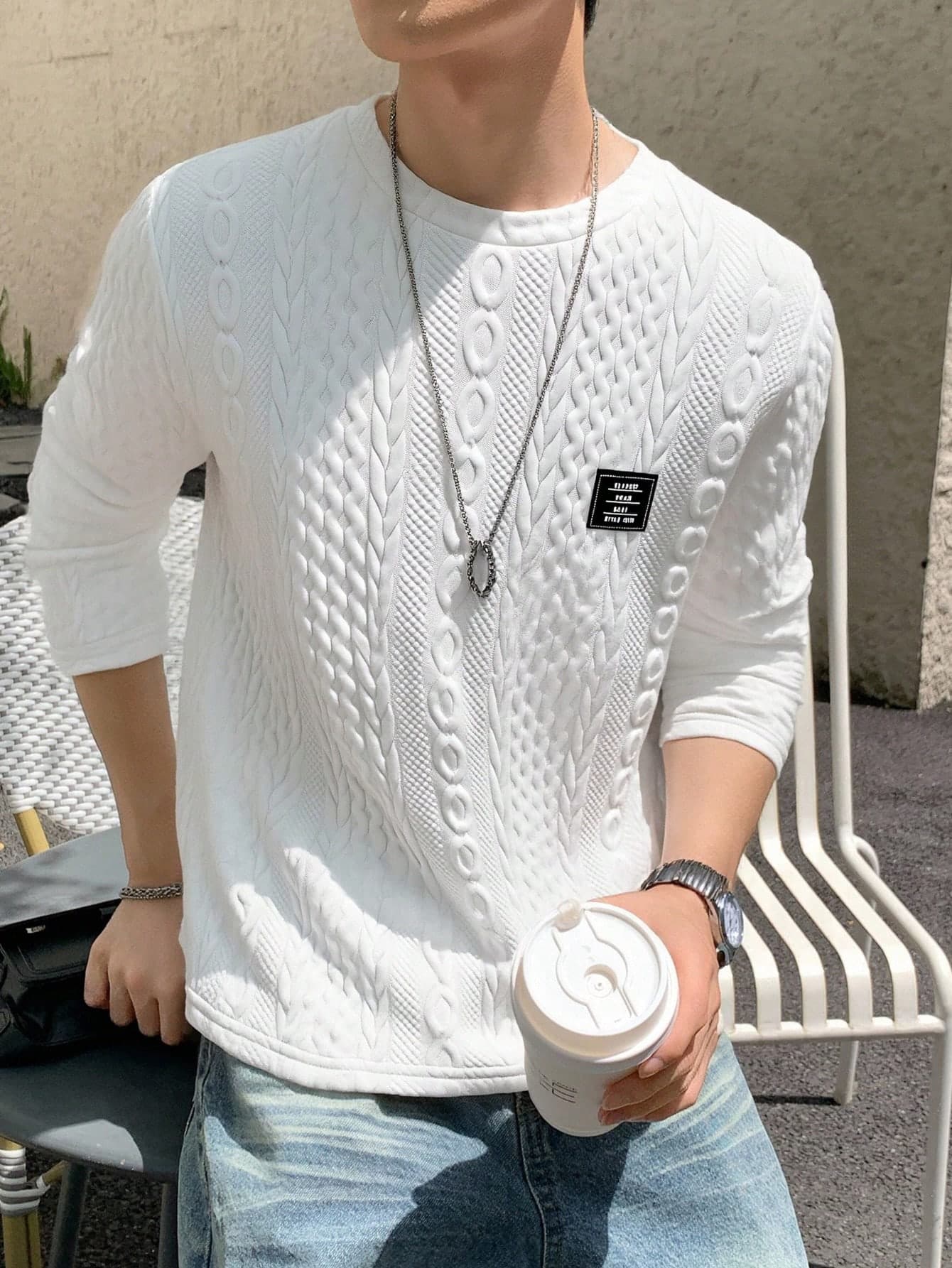 Mirajuku 1pc Casual Textured Fabric Letter Decor Curved Hem Round Neck T-Shirt For Teenage Boys, Suitable For Casual, Commute, Daily Wear, Layering, Sports