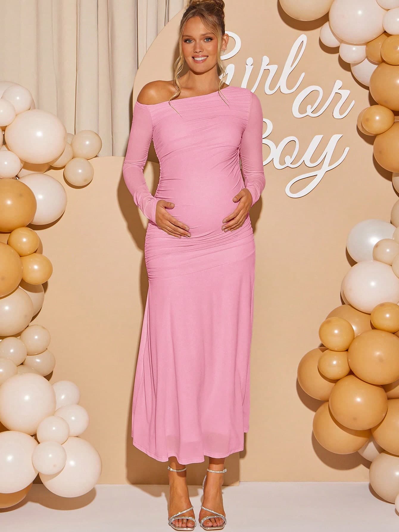 Loomaby Maternity Solid Color Oblique Shoulder Long Sleeve Ruched Casual Dress