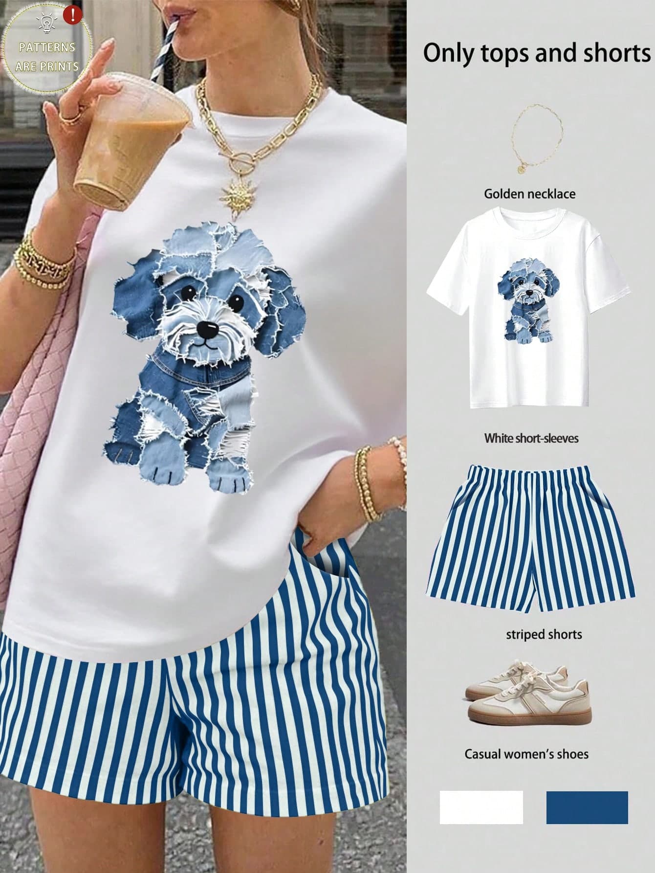 EMERY ROSE 2pcs Women's Dog Print Round Neck Short Sleeve Top And Striped Shorts Set