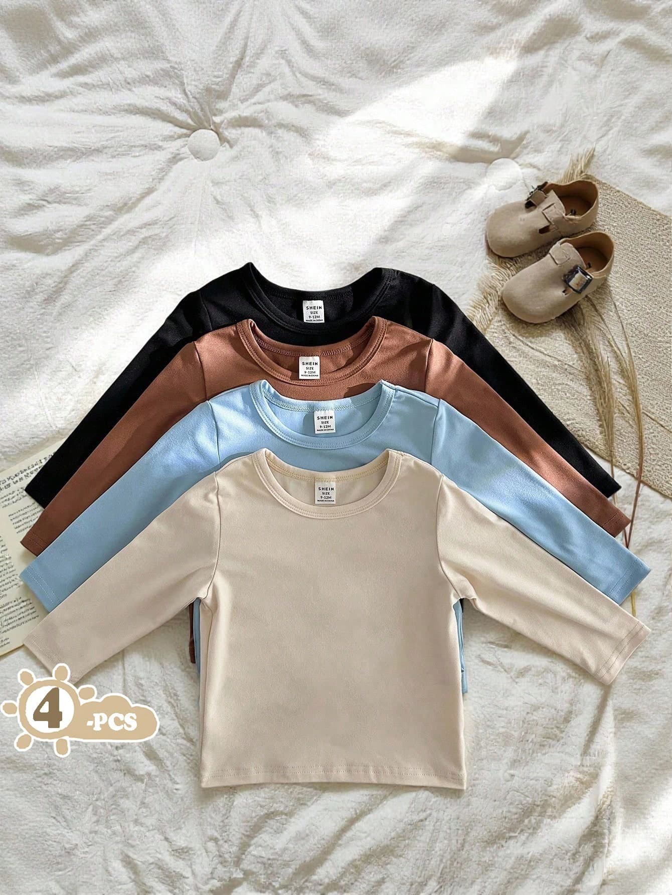 Vintaside Kids 4pcs Baby Boy Long-Sleeved T-Shirts,Autumn Casual Round-Neck Top Set,Back-To-School Carrer Day Chic,Beige,Black,Light Blue,Brown Multi-Color Outfits