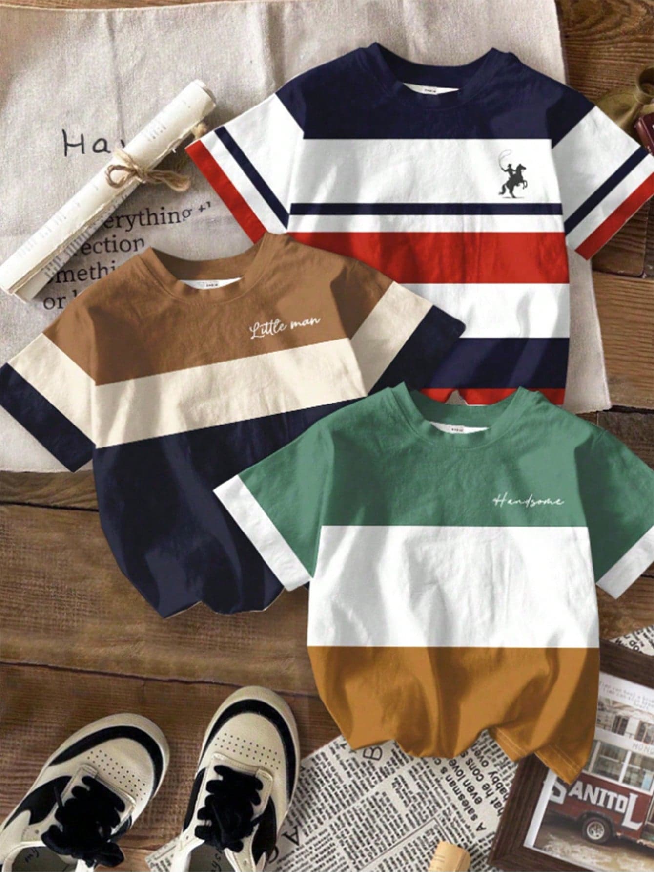 SHEIN 3pcs/Set Teens Boys' Casual Colorblock Graphic Print Short Sleeve T-Shirts,Soft Polyester Top,Summer,Y2k,Beach,Back-To-School,Daily Wear,School,Travel