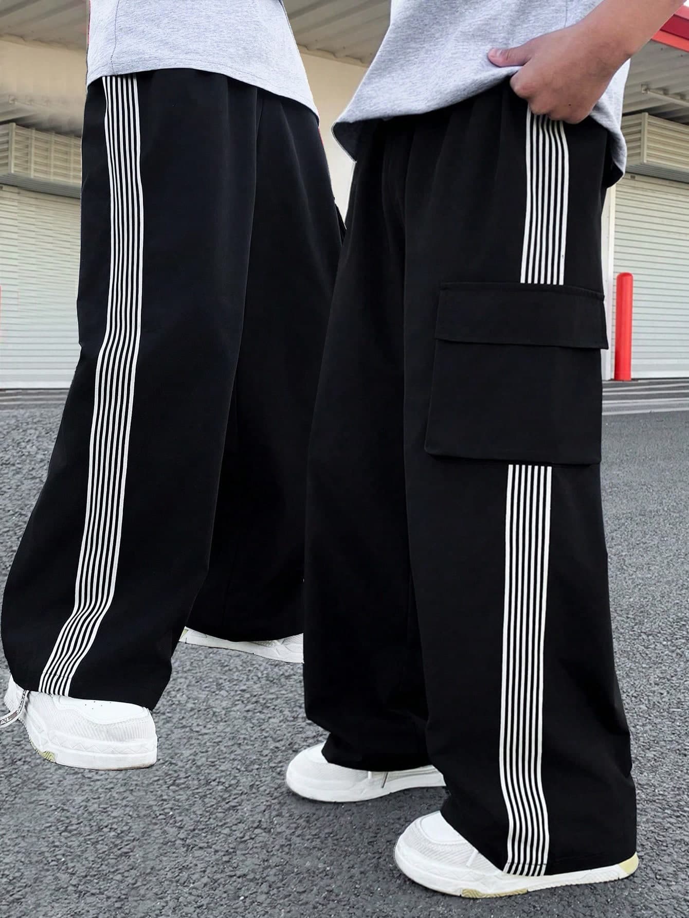 SHEIN Teenage Side Multi-Stripe Cargo Wide Leg Pants & Black Side Stripe Design & Large Pocket Decoration & Loose Draping Fit & Street Style Casual Pants & Spring/Autumn Comfortable Versatile Long Pants & Niche Design Sporty Pants