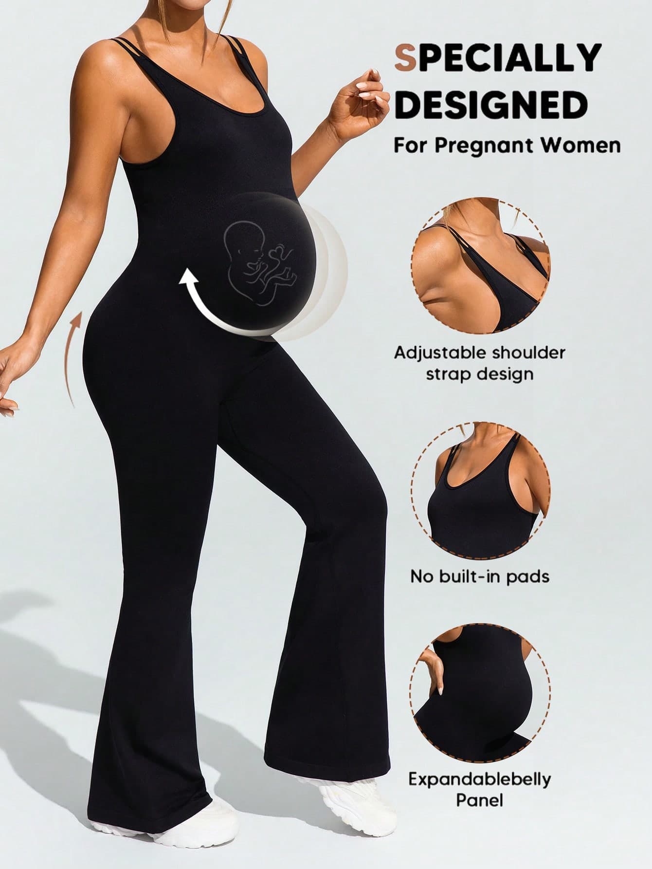 SHEIN Maternity Black Sommar Grunge Gym Solid Color Backless Camisole & Flared Pants Set,Pregnancy Clothing Jumpsuits For Woman,Rompers & Overalls