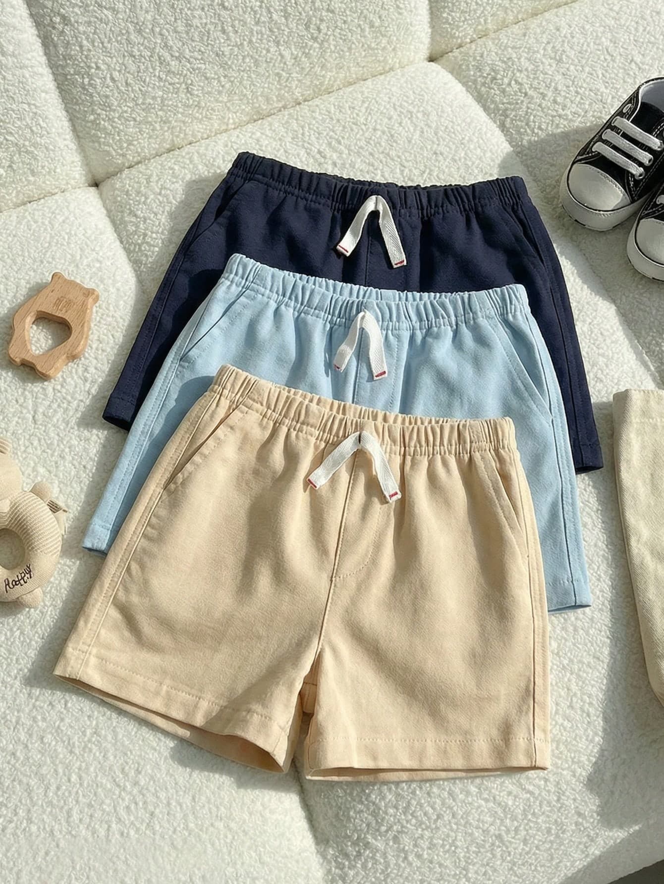 SHEIN Playful Pals 3pcs/Set Baby & Toddler Boys Solid Color Casual Bow Front Pocket Elastic Waist Shorts , Suitable For Everyday Wear