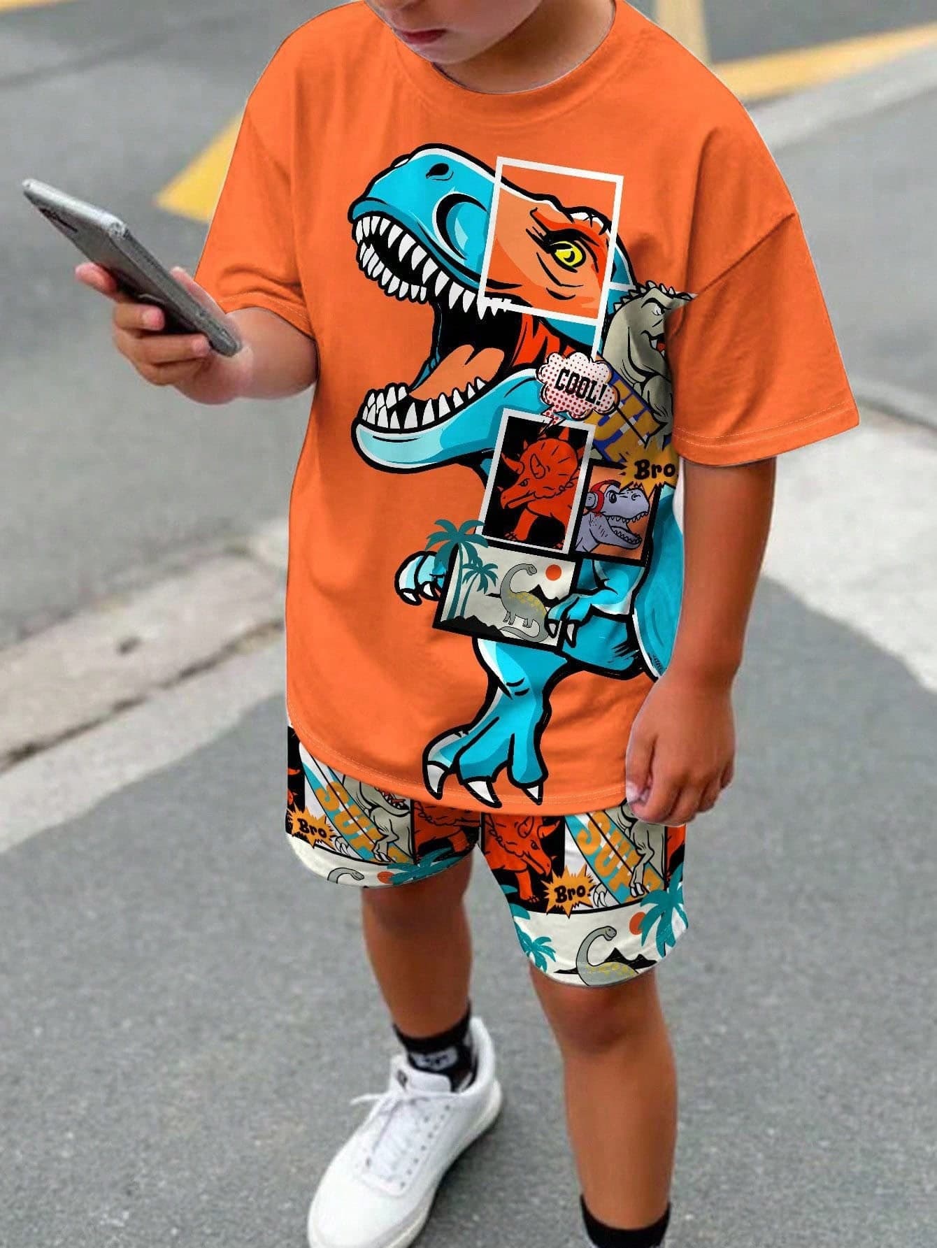 Teen Boy Casual Minimalist Cool Dinosaur Graphic Print Short Sleeve Round Neck T-Shirt, Dinosaur Print 2-Piece Set Suitable For Summer