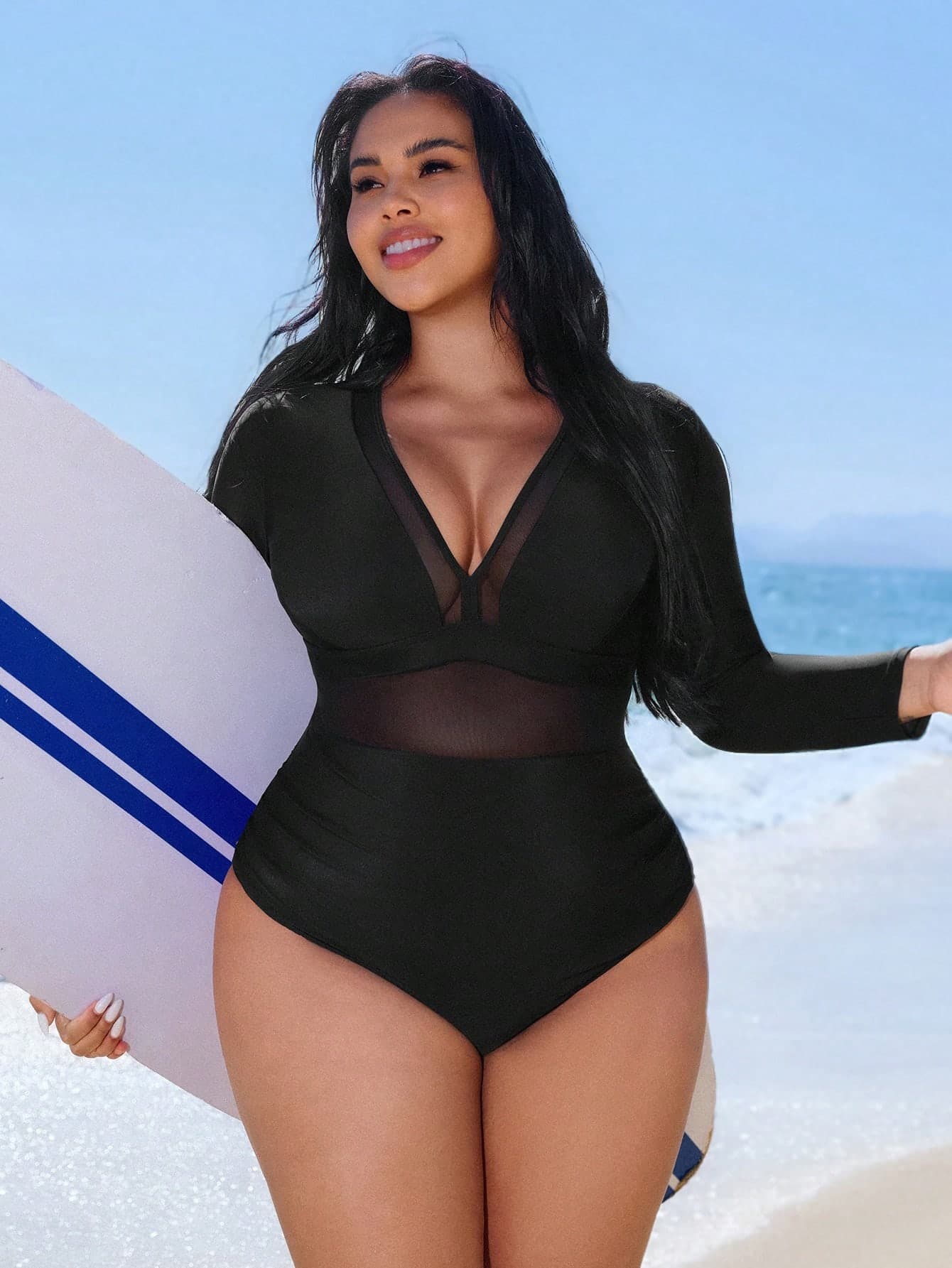 Swim SPRTY Plus Size Solid Color Fabric Patchwork Mesh V-Neck Long Sleeve Pleated Front Minimalist Sexy Fashion Casual Beach Resort One-Piece Swimsuit