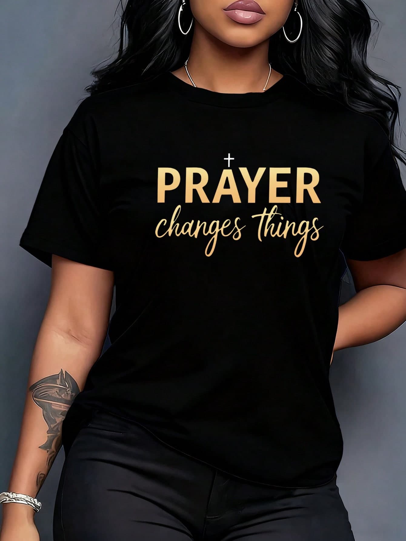 INAWLY Women's Black And Gold Bible Verse Christian Tshirts,Summer Casual Streetwear Church God Graphic Print Round Neck Short Sleeve Knitted Fabric T-Shirt
