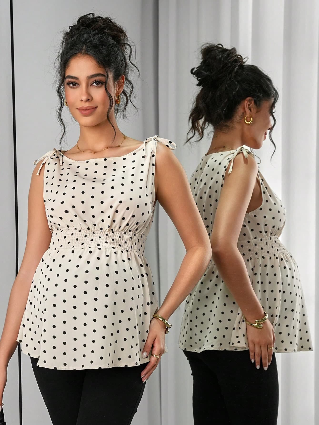 Momance Maternity Polka Dot Print Knotted Shoulder & Waist Stylish Camisole