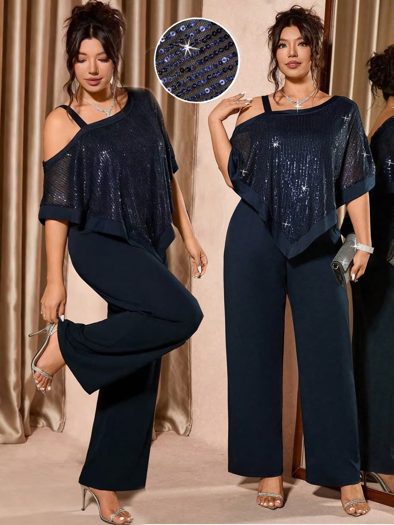Cravure Plus Size Women's Sequin Patchwork Asymmetric Top And Casual Pants Two Pieces Set,Off-Shoulder,Navy Blue,Autumn,Elegant,Night Out Club Pant Suit