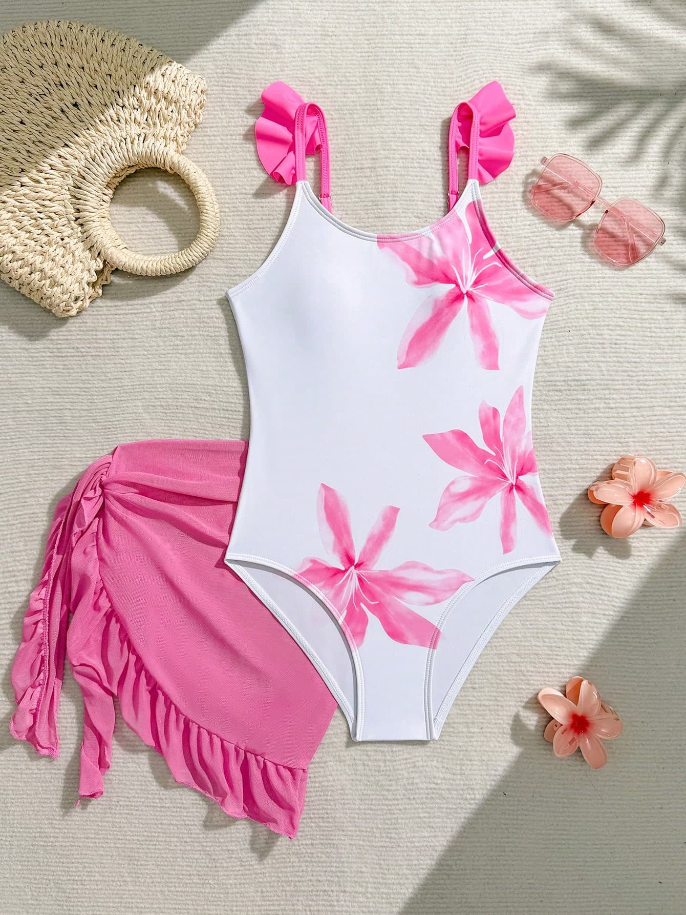 SHEIN Tween Girls Cute White Pink Flower Printed Tankinis,Sleeveless One Piece Swimsuit With Mesh Sarong Skirt 2pcs Set,Summer Vacation Holiday Beach Wear