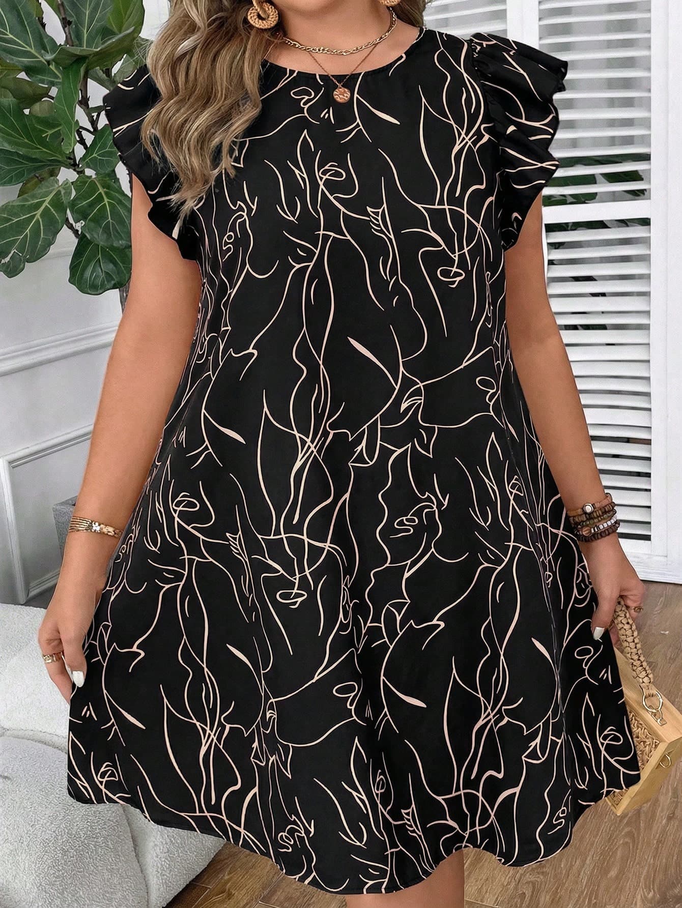 SHEIN VCAY Plus Size Casual Floral Print Cap Sleeve Dress Black Vacation Dress Black Casual Dress Black Summer Dress Women