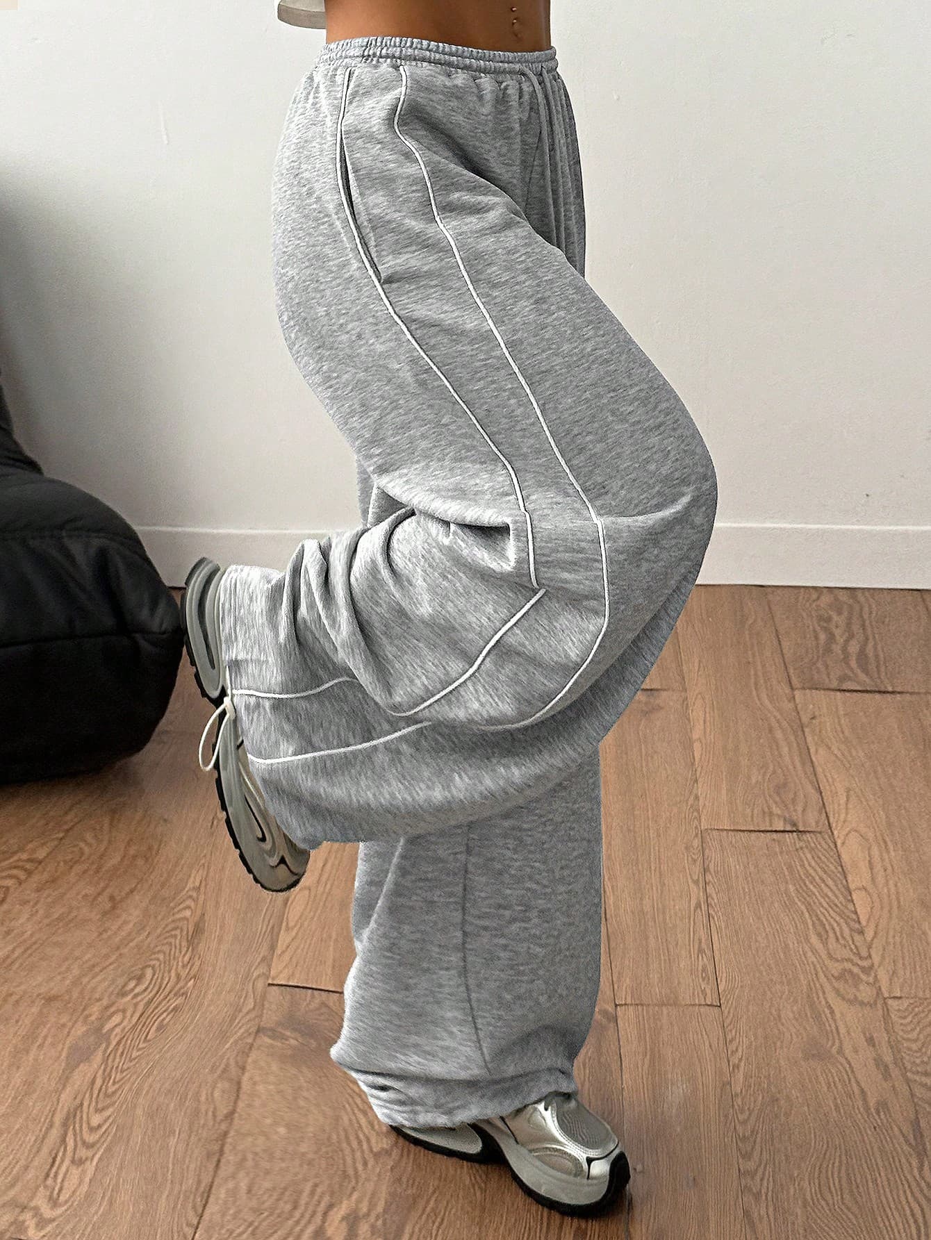 Coolane Women's Men's Plus Size Autumn Winter Streetwear Casual Gym Woven Tape Baggy Mid Rise Wide Leg Elastic Waistband Grey Sweatpants