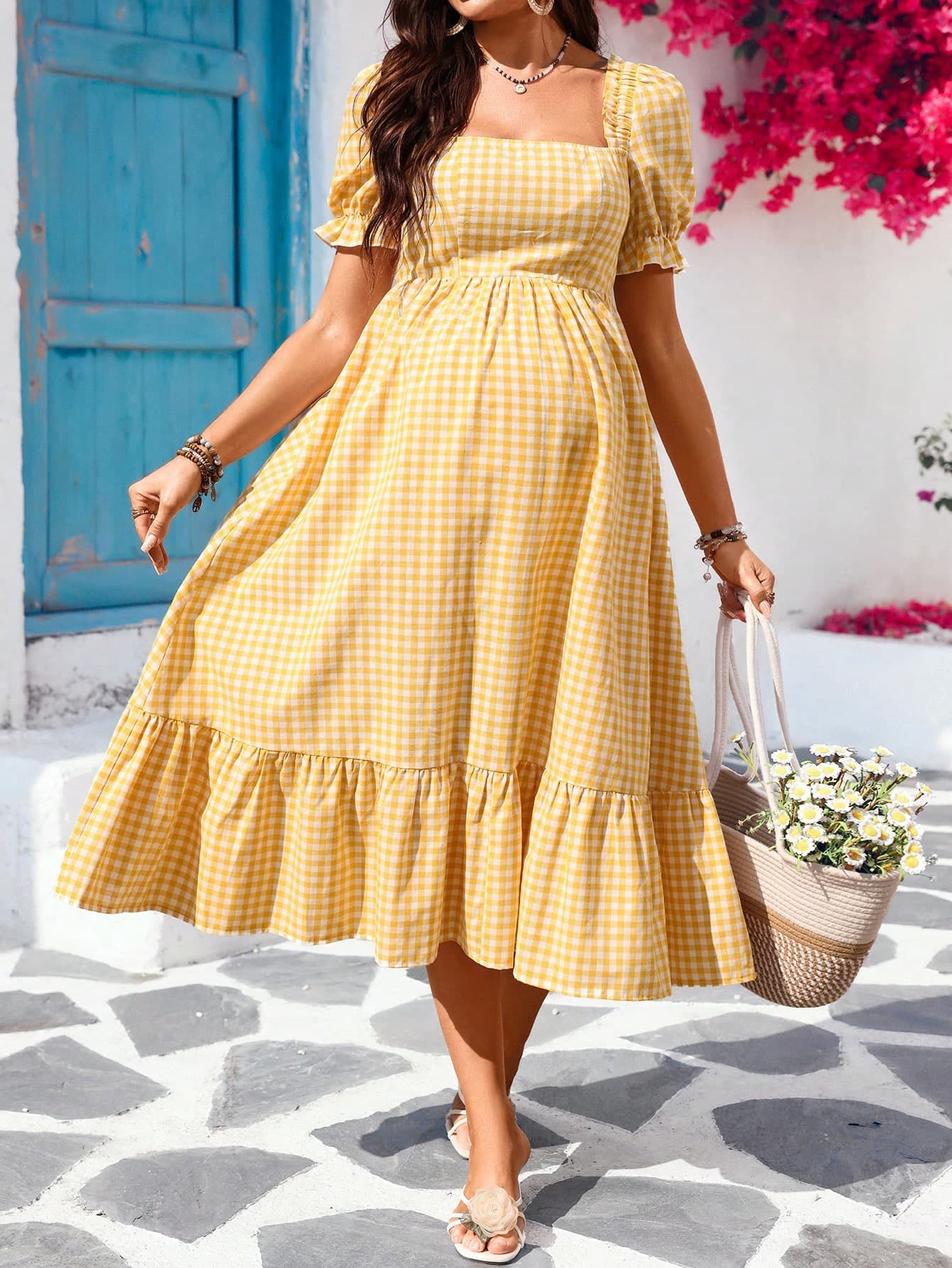 Lyckli Maternity Plaid Square Neck Puff Sleeve Ruffle Hem Fashion Yellow Summer Dress,Holiday Beach Outfits For Women,Cottagecore Picnic Midi Holiday Dress