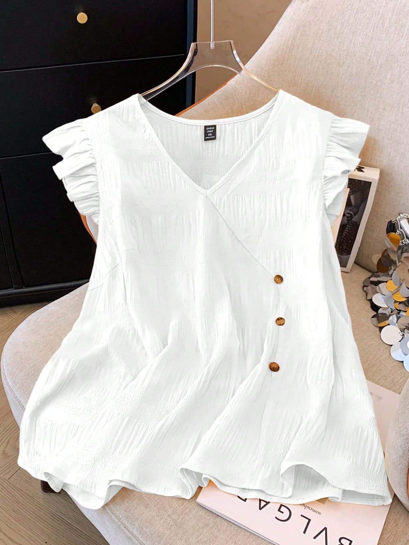 GlowEve CURVE Plus Size Solid Color Textured Fabric Ruffle Hem Summer Shirt