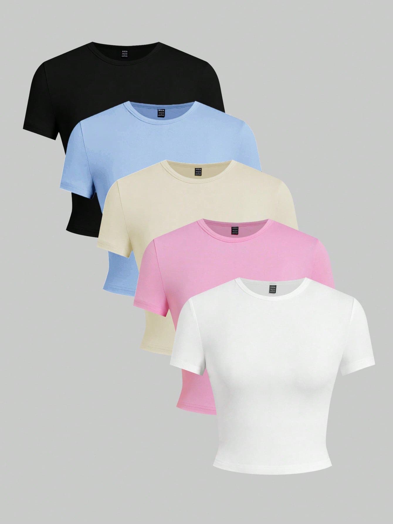 SHEIN EZwear 5pcs/Set Basic Solid Color Slim Fit Short Sleeve T-Shirts Basic Tees Women 3 Pack Tops Shirt Packs For Women Plain Tshirts Women Basic Women Tops
