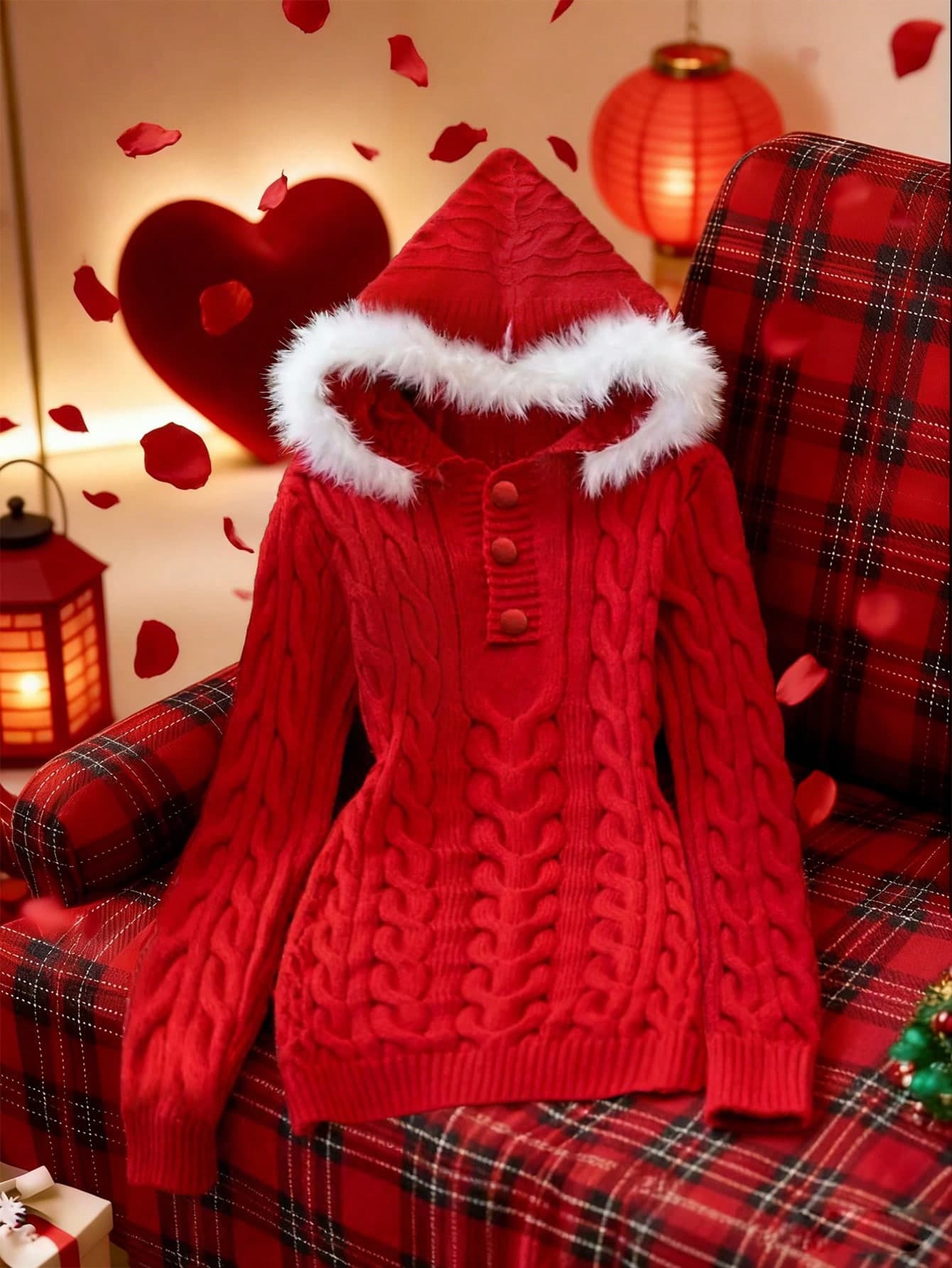 SHEIN LUNE European & American Style Hooded Chunky Knit Dress For Women,Fuzzy Fabric, Short Dress,Christmas Red And White Striped,Autumn,Casual,Birthday