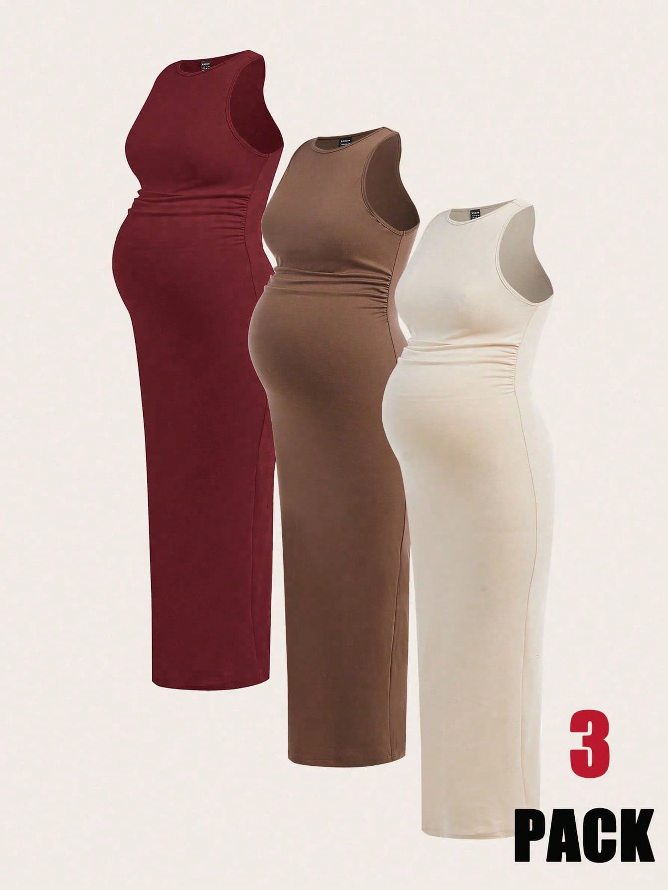 SHEIN Maternity Solid Color Round Neck Pleated Fitted Casual Sleeveless Dress