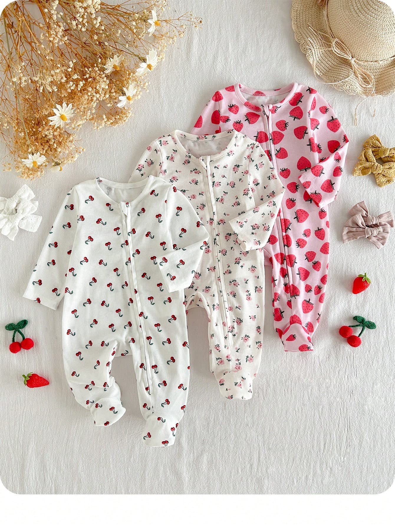 3pcs Newborn Baby Girl Cute Casual Knitted Cartoon Floral Pattern Long Sleeve Romper Pajama Set