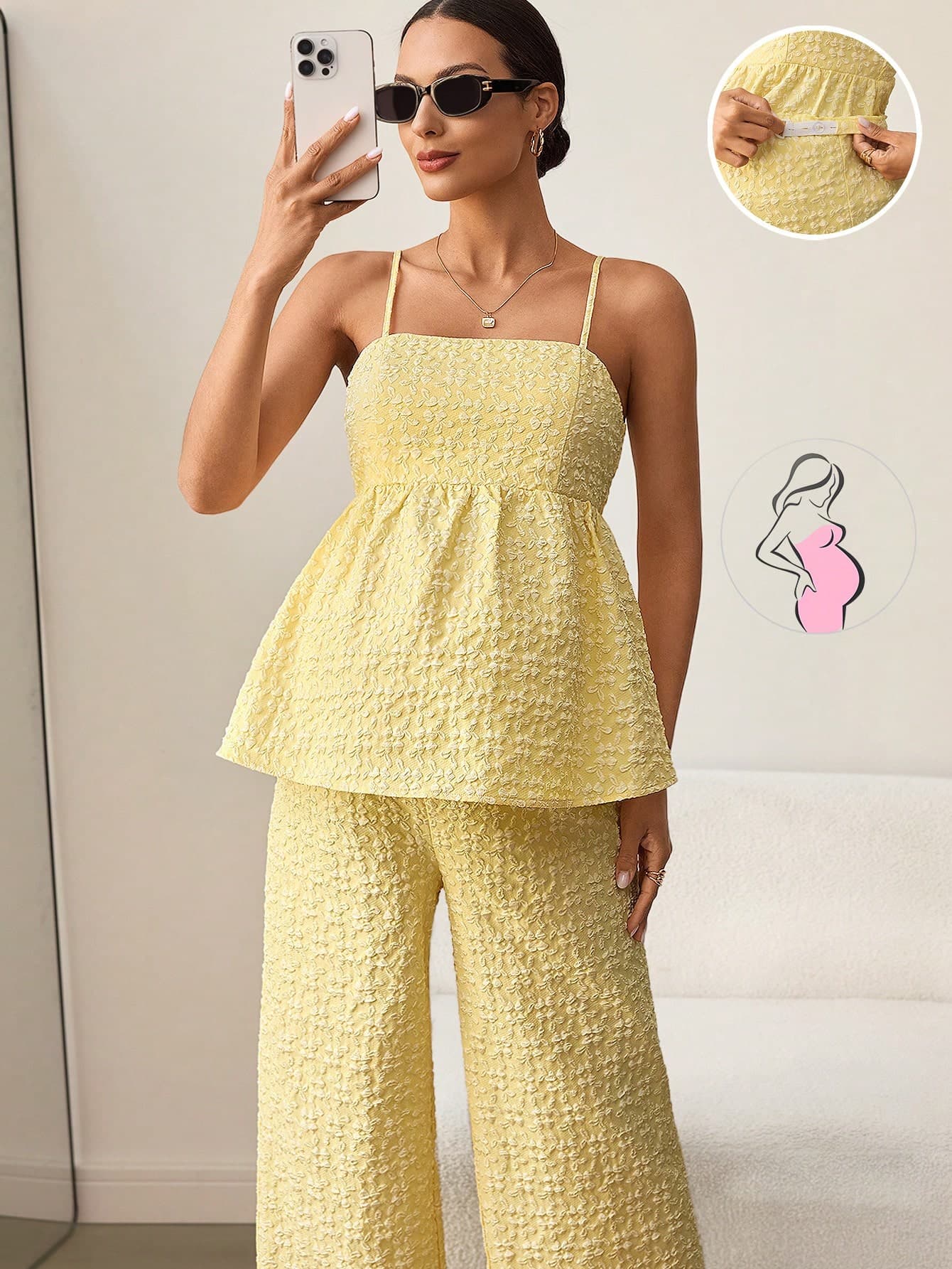 MaterniWear Maternity Yellow Summer Casual Holiday Two Piece Set,Elegant Printed Jacquard Camisole And Wide-Leg Pants Suit With Adjustable Elastic Waistband