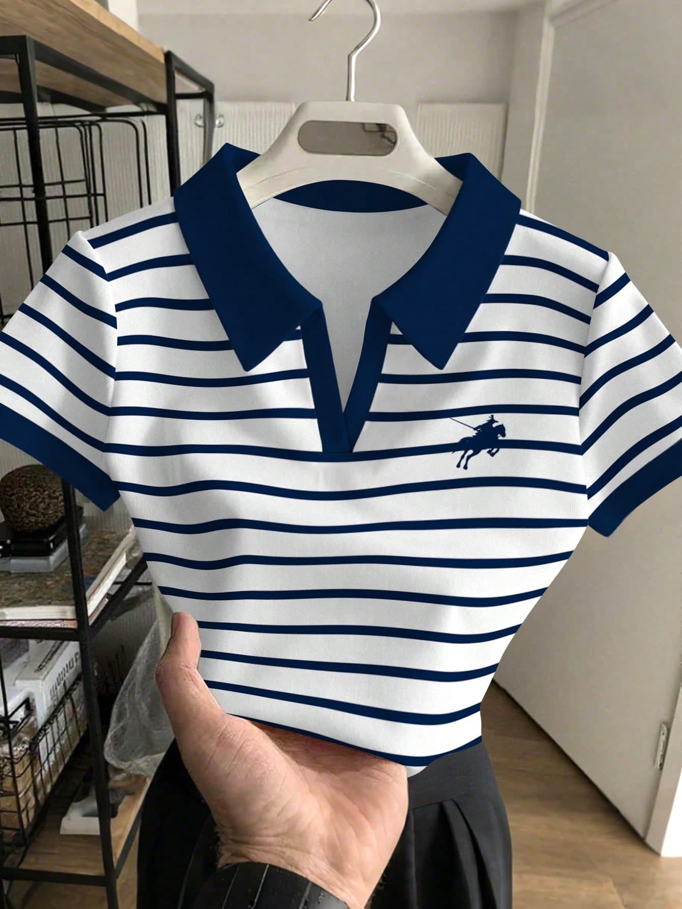 Rovax Women's Short Polo Shirt With Striped Equestrian Print, Contrast Collar