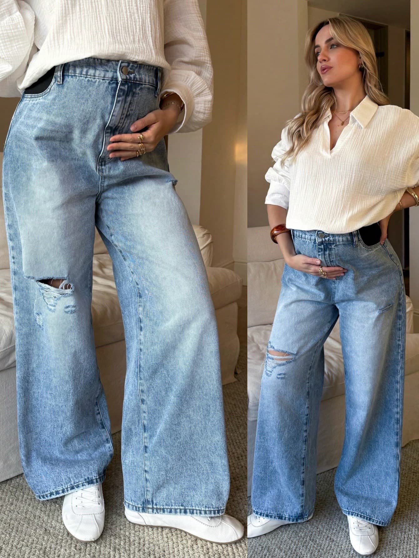 SHEIN Maternity High Waist Distressed Light Blue Jeans,Winter Casual Everyday Loose Versatile Fashionable Wide Leg Denim For Women,Chic Y2k Streetwear Party