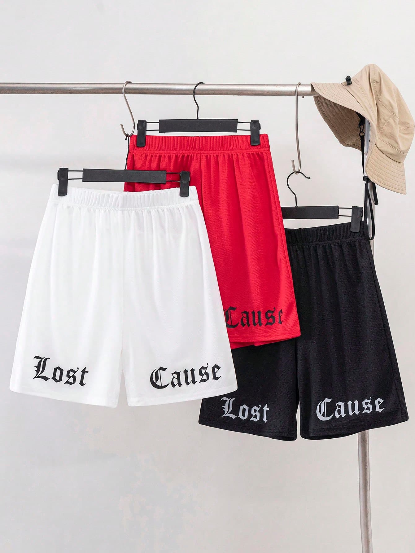 SHEIN 3pcs/Set Teen Boys' Summer Streetwear Casual Loose Fit Shorts, Comfortable Printed & Solid Color Quick Dry Shorts, Black Red White 3 Packs Shorts, Teen Boy