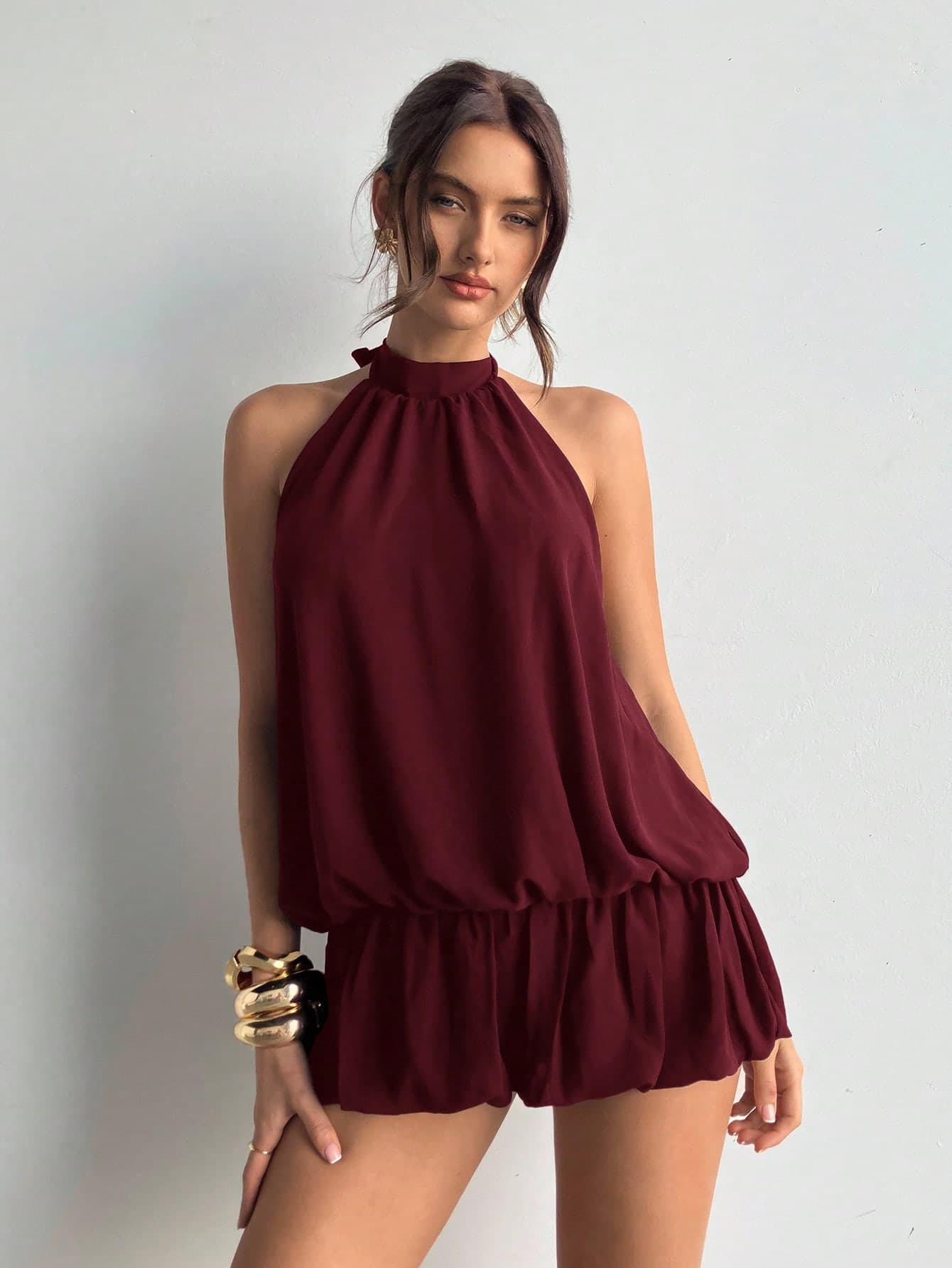 Aloruh Women's Solid Color Casual Halter Mini Bubble Dress,Summer Dresses For Women