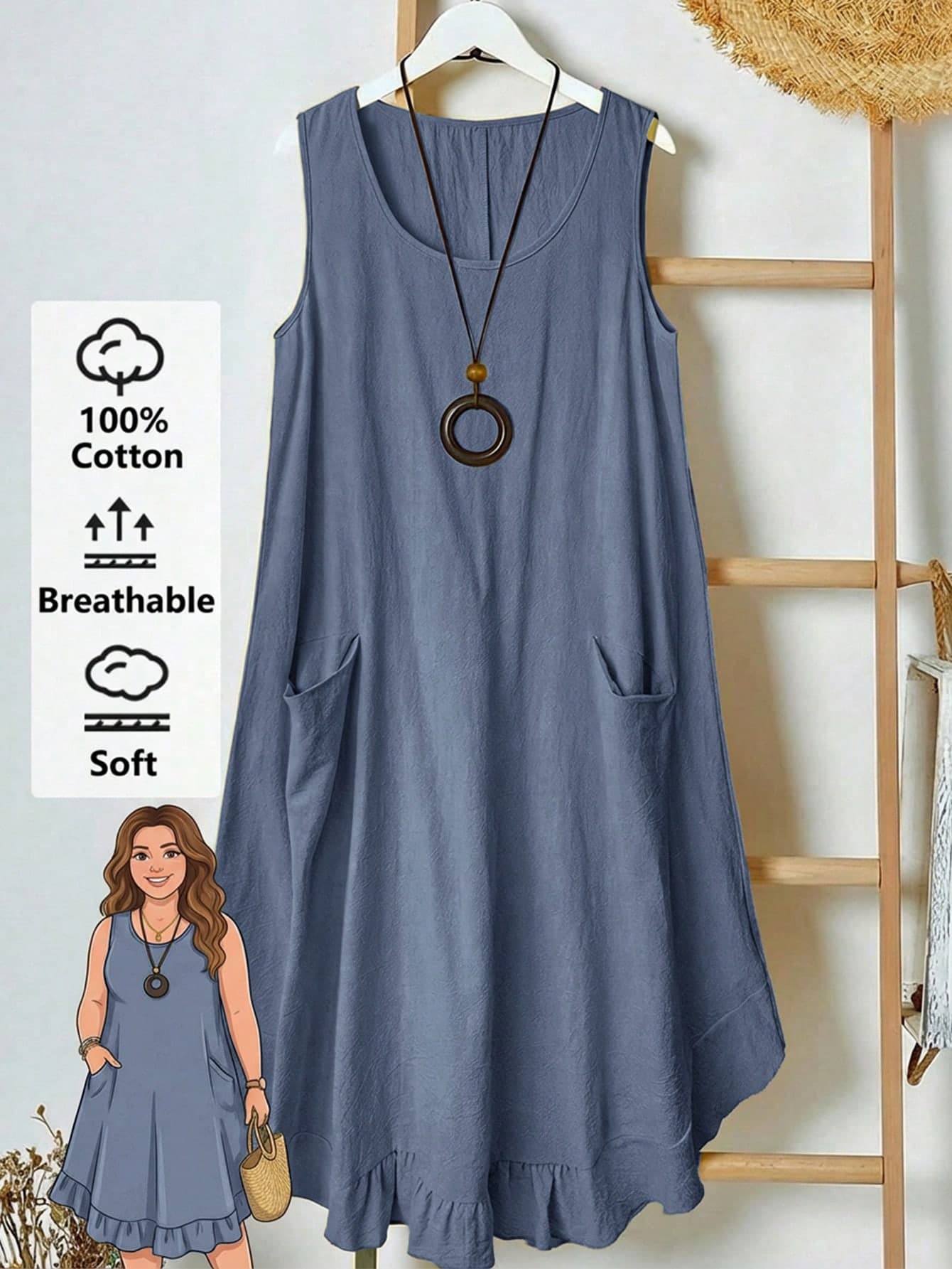 Rusticease Plus Size Country Style Sleeveless Pocket Pleated Hem A-Line Knee-Length Dress, Yellow, Spring/Summer Summer With Pockets Dresses