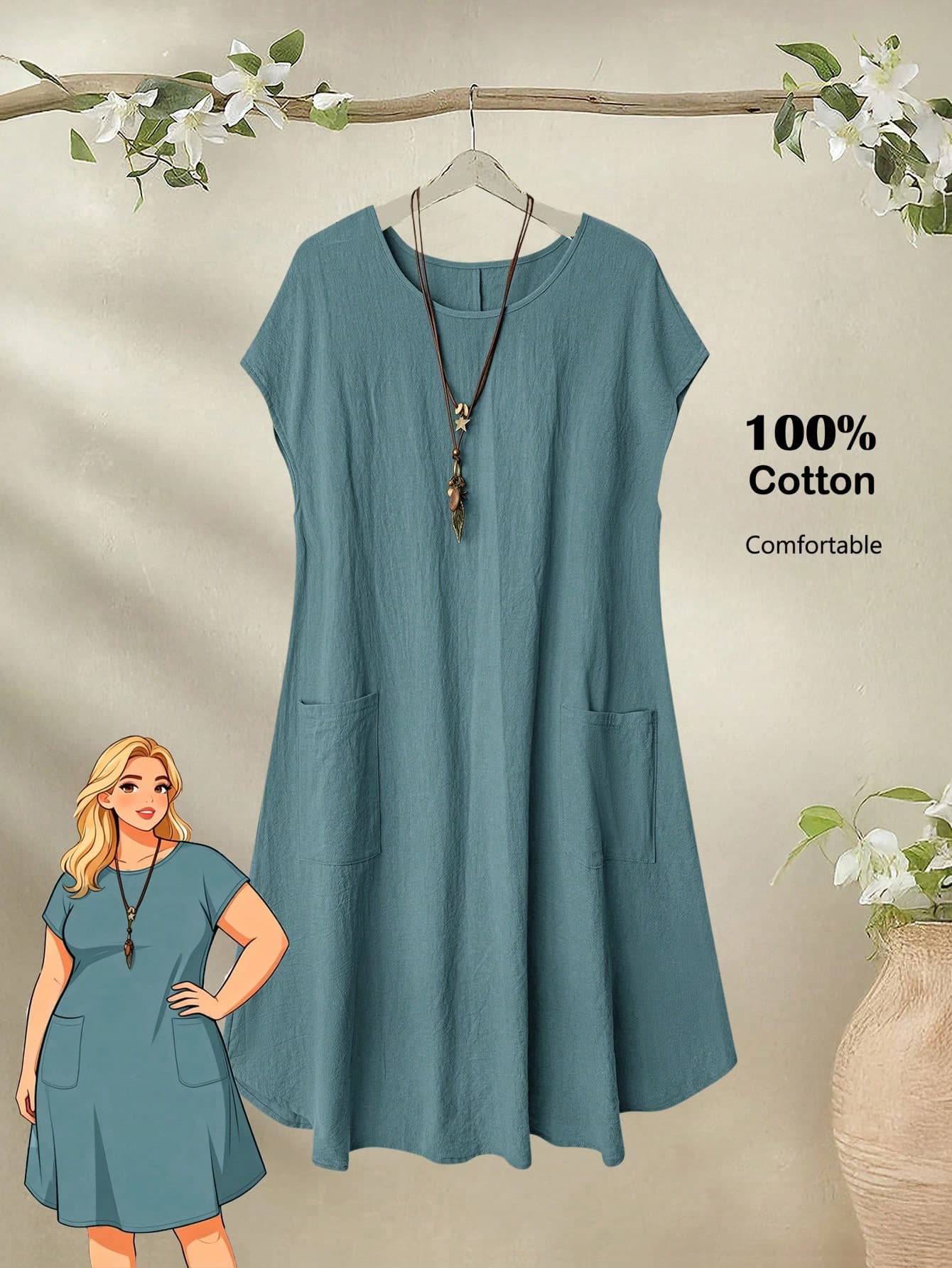 Rusticease Plus Size Women's Teal Summer Casual Dress, Smart Casual Everyday Outfits,Round Neck Short Sleeve Solid Flowy Sundress With Pockets,Boho