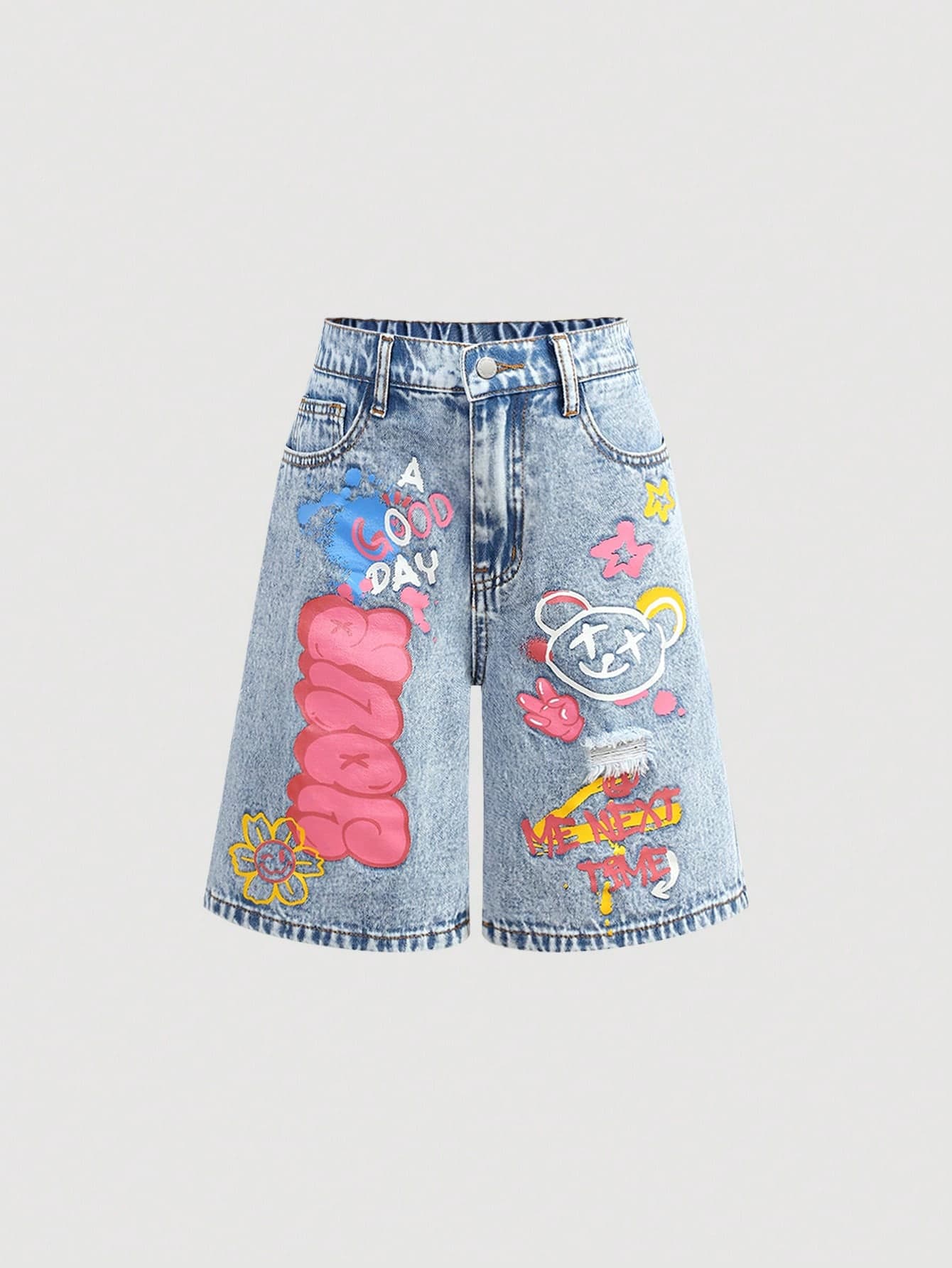 SHEIN Girlism Tween Girl Fashion Casual Y2k Vintage Cool Street Y2K Stonewashed Casual Loose Fit High Waist Light Blue Baggy Graffiti Print Denim Long Shorts Summer Boho Vacation Rave Concert Streetwear, Versatile And Stylish,Perfect For The Back-To-School Season And Outdoor Streetwear Day Time